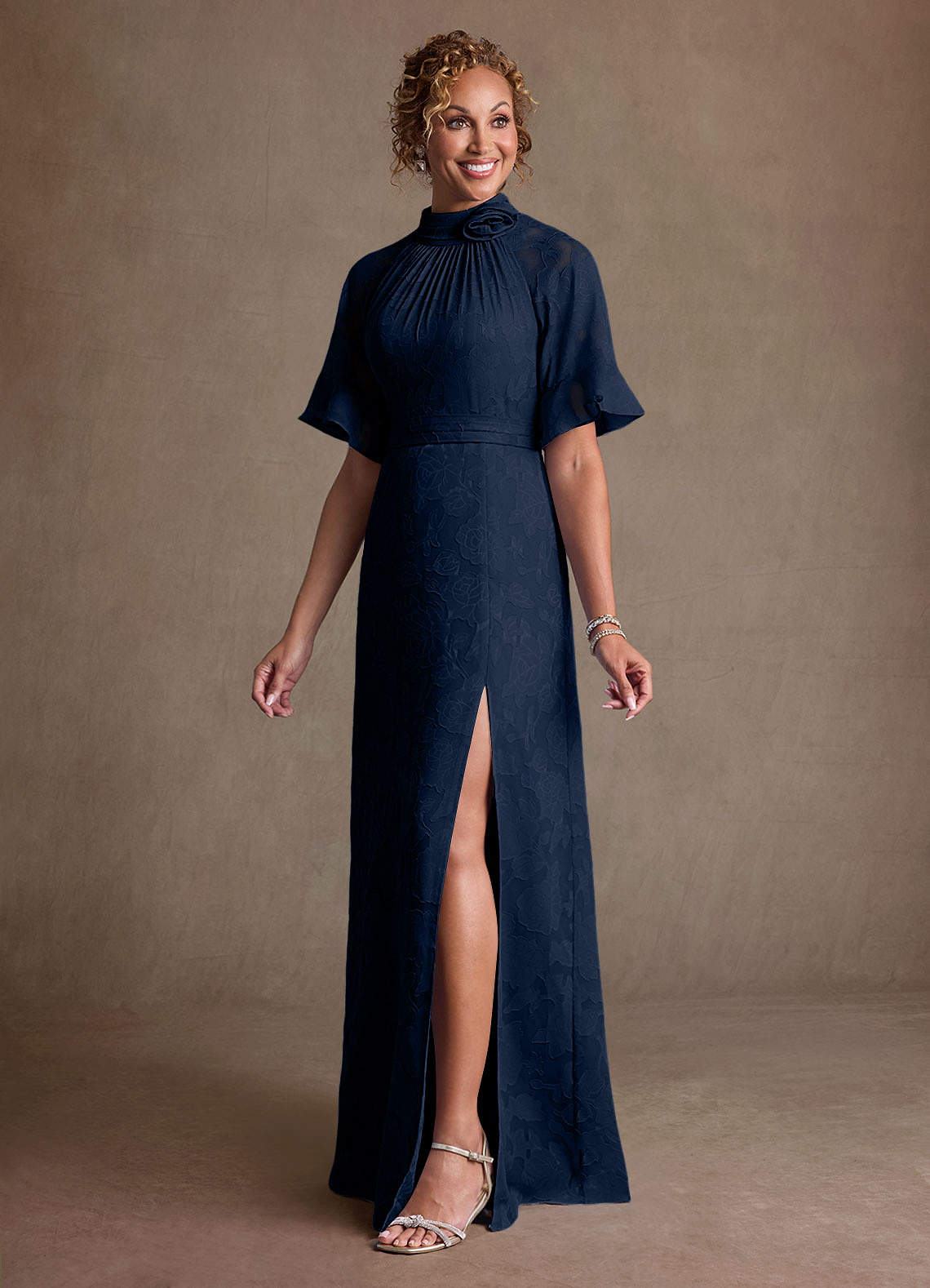 Hypatia Sheath High-Neck Floral Burnout Mother of the Bride Dress in Dark Navy