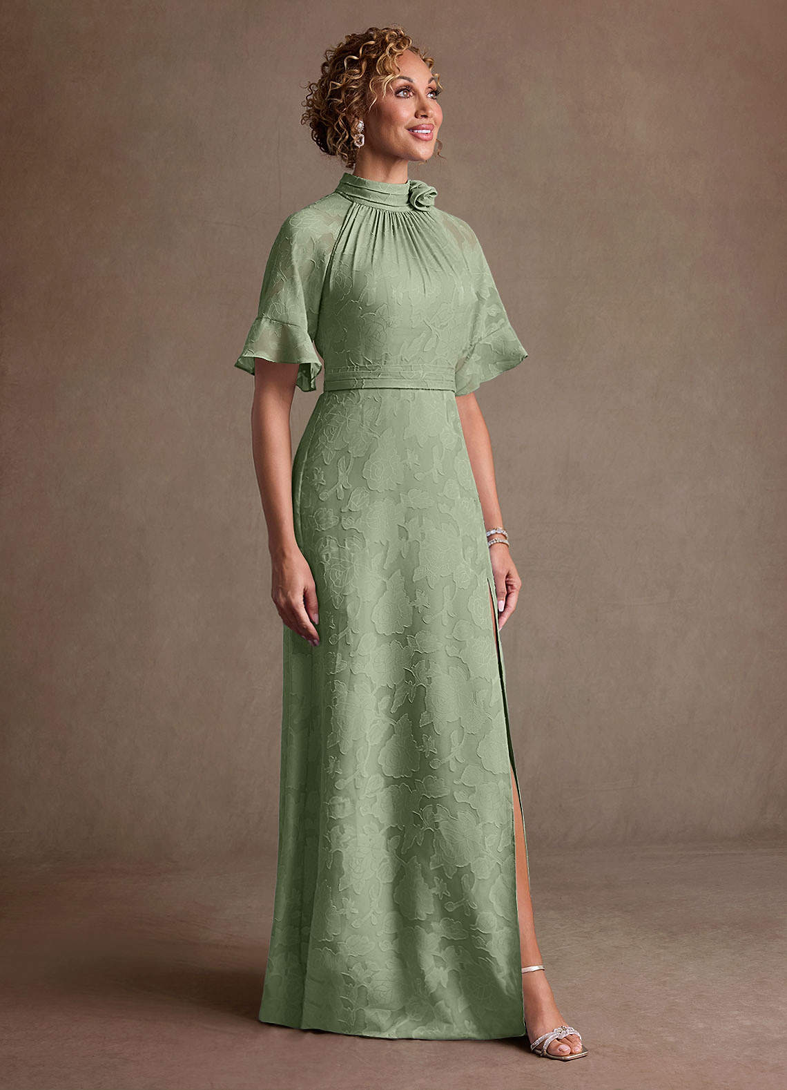 Hypatia Sheath High-Neck Floral Burnout Mother of the Bride Dress in Dusty Sage