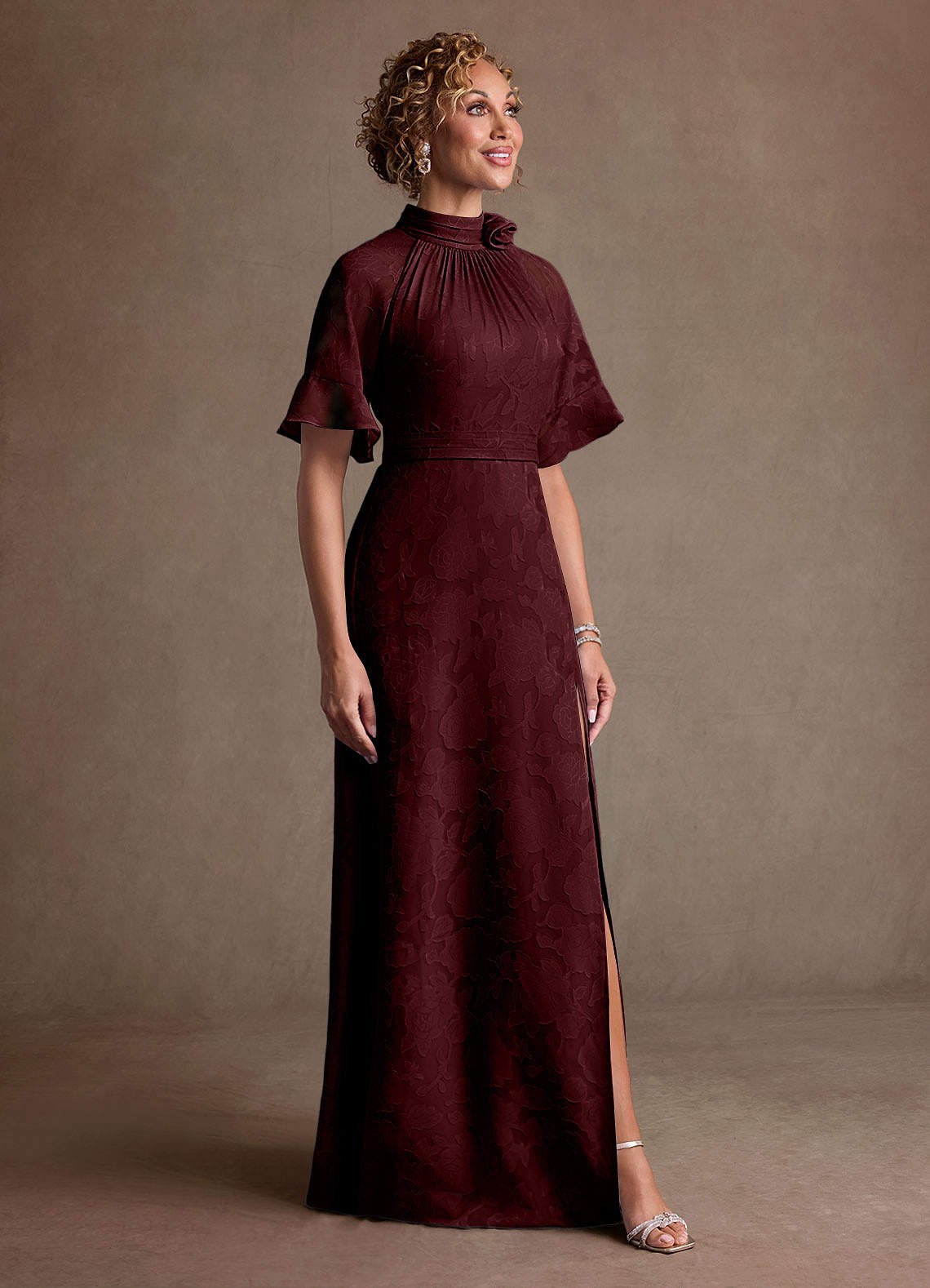 Hypatia Sheath High-Neck Floral Burnout Mother of the Bride Dress in Cabernet
