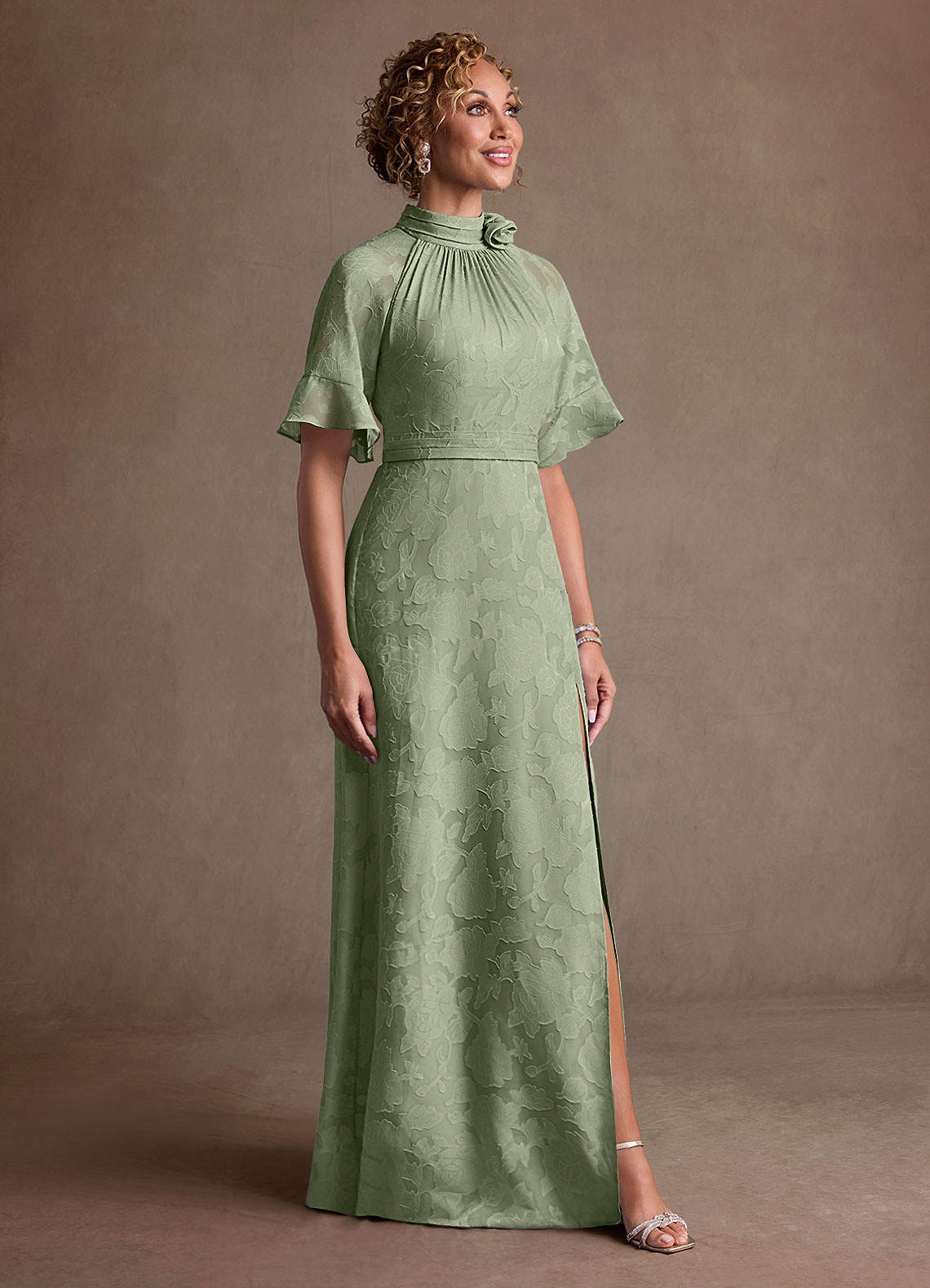 Hypatia Sheath High-Neck Floral Burnout Mother of the Bride Dress in Agave