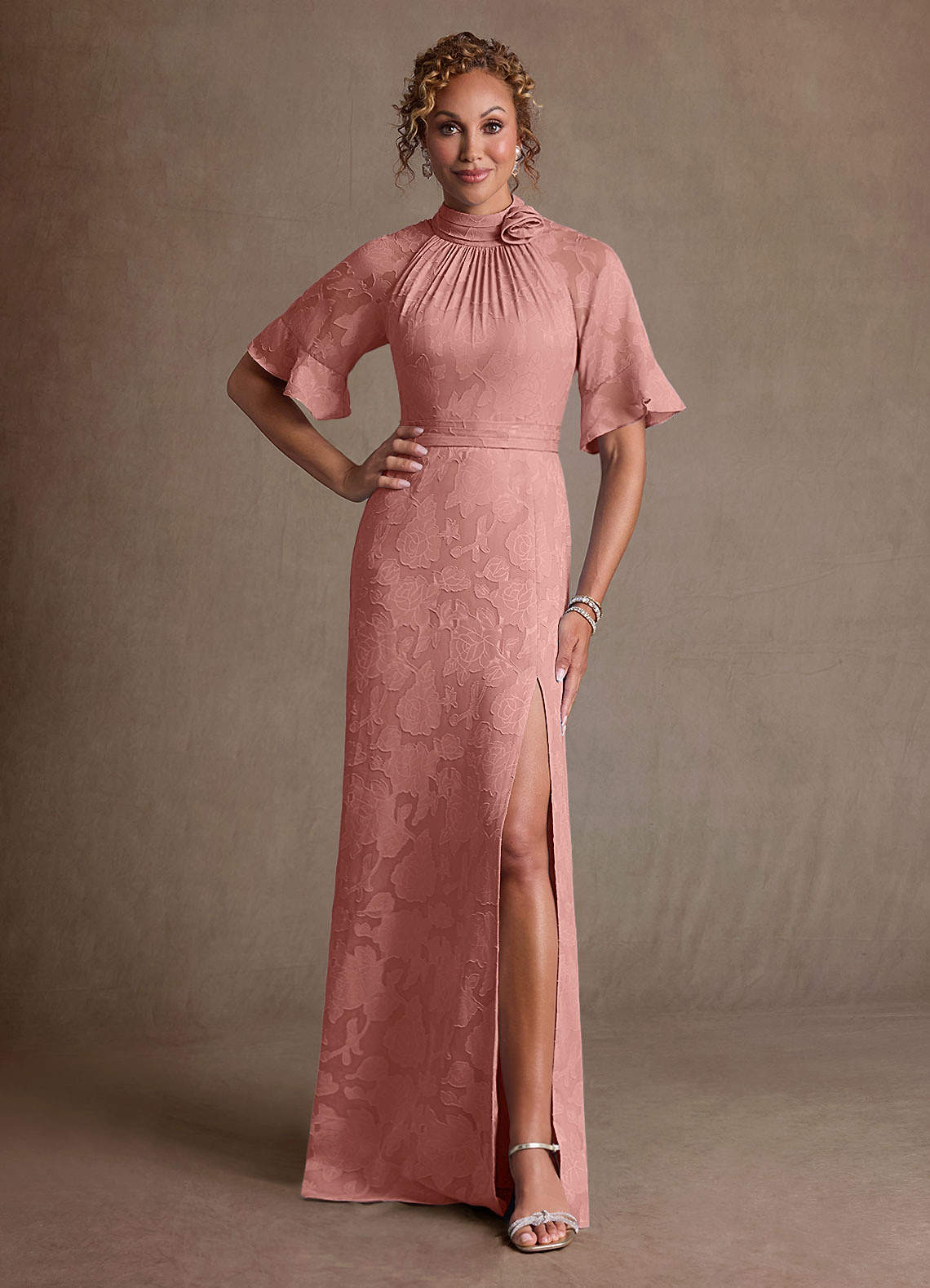 Hypatia Sheath High-Neck Floral Burnout Mother of the Bride Dress in Rosette