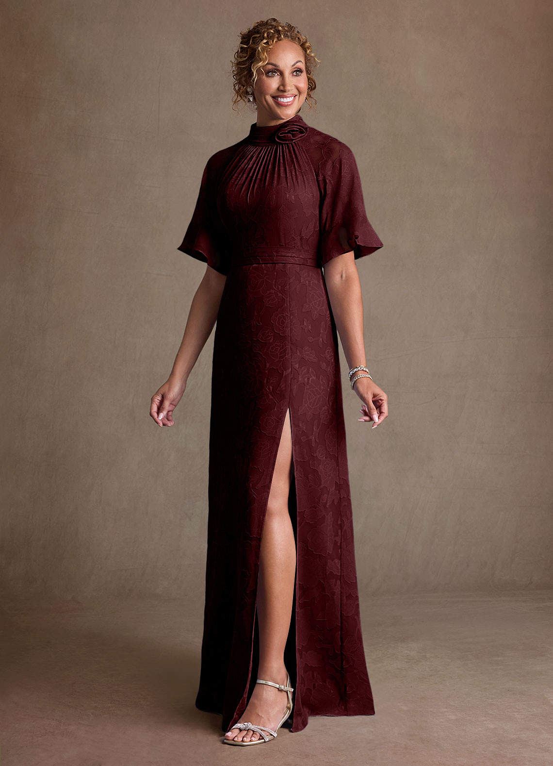 Hypatia Sheath High-Neck Floral Burnout Mother of the Bride Dress in Cabernet