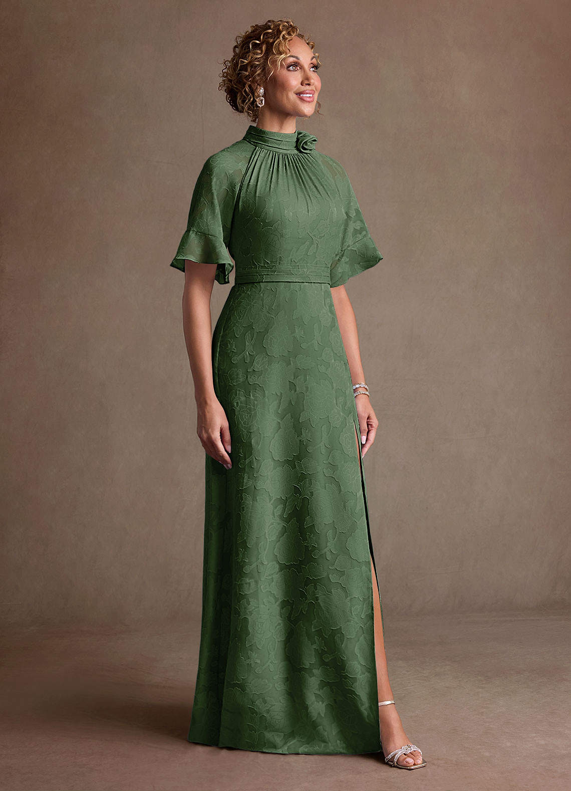 Hypatia Sheath High-Neck Floral Burnout Mother of the Bride Dress in eucalyptus
