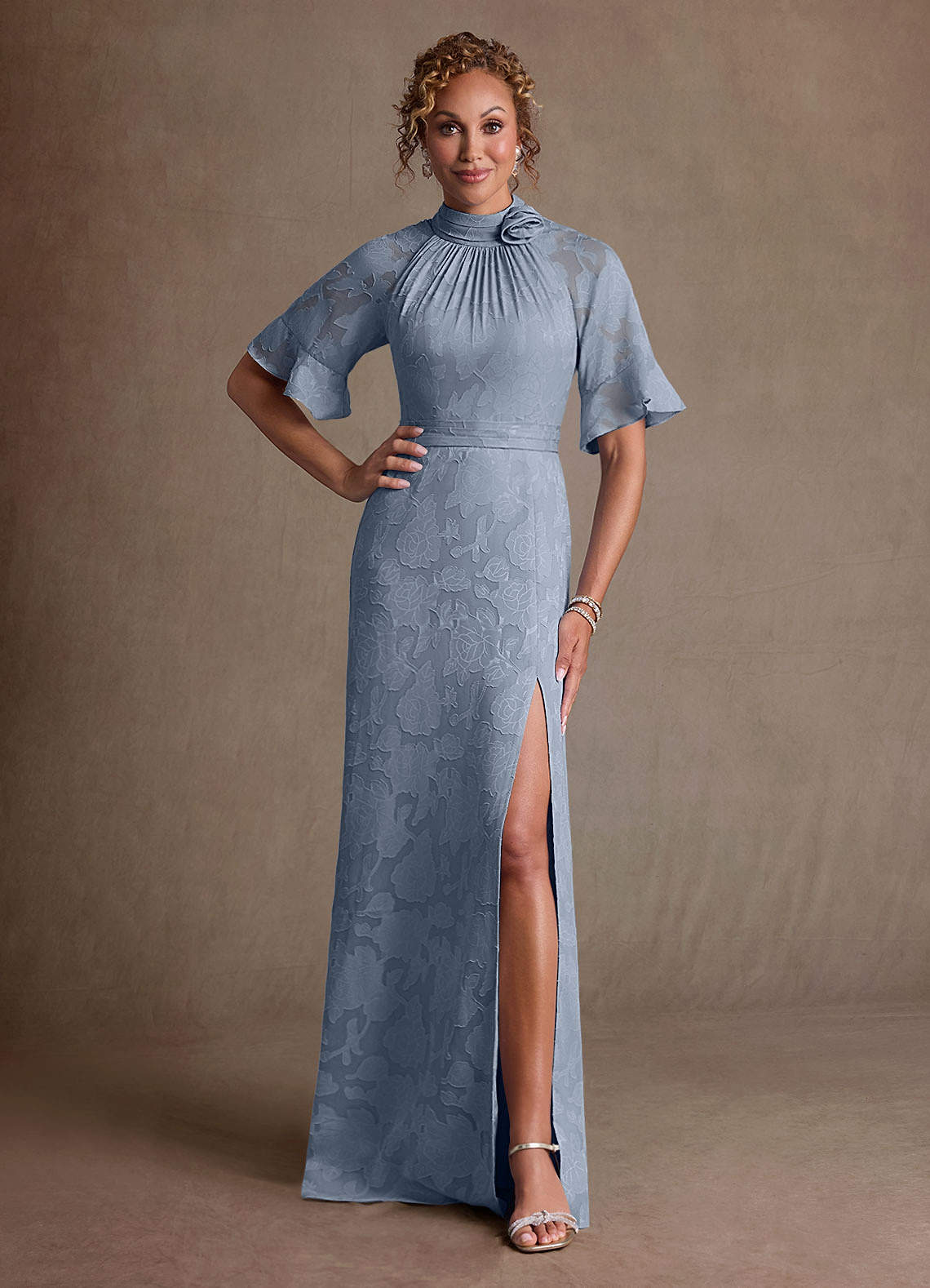 Hypatia Sheath High-Neck Floral Burnout Mother of the Bride Dress in dusty blue