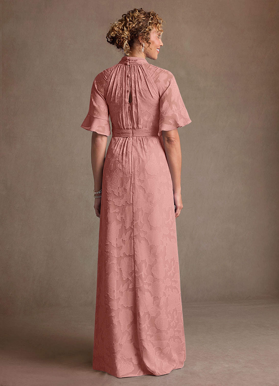 Hypatia Sheath High-Neck Floral Burnout Mother of the Bride Dress in Rosette
