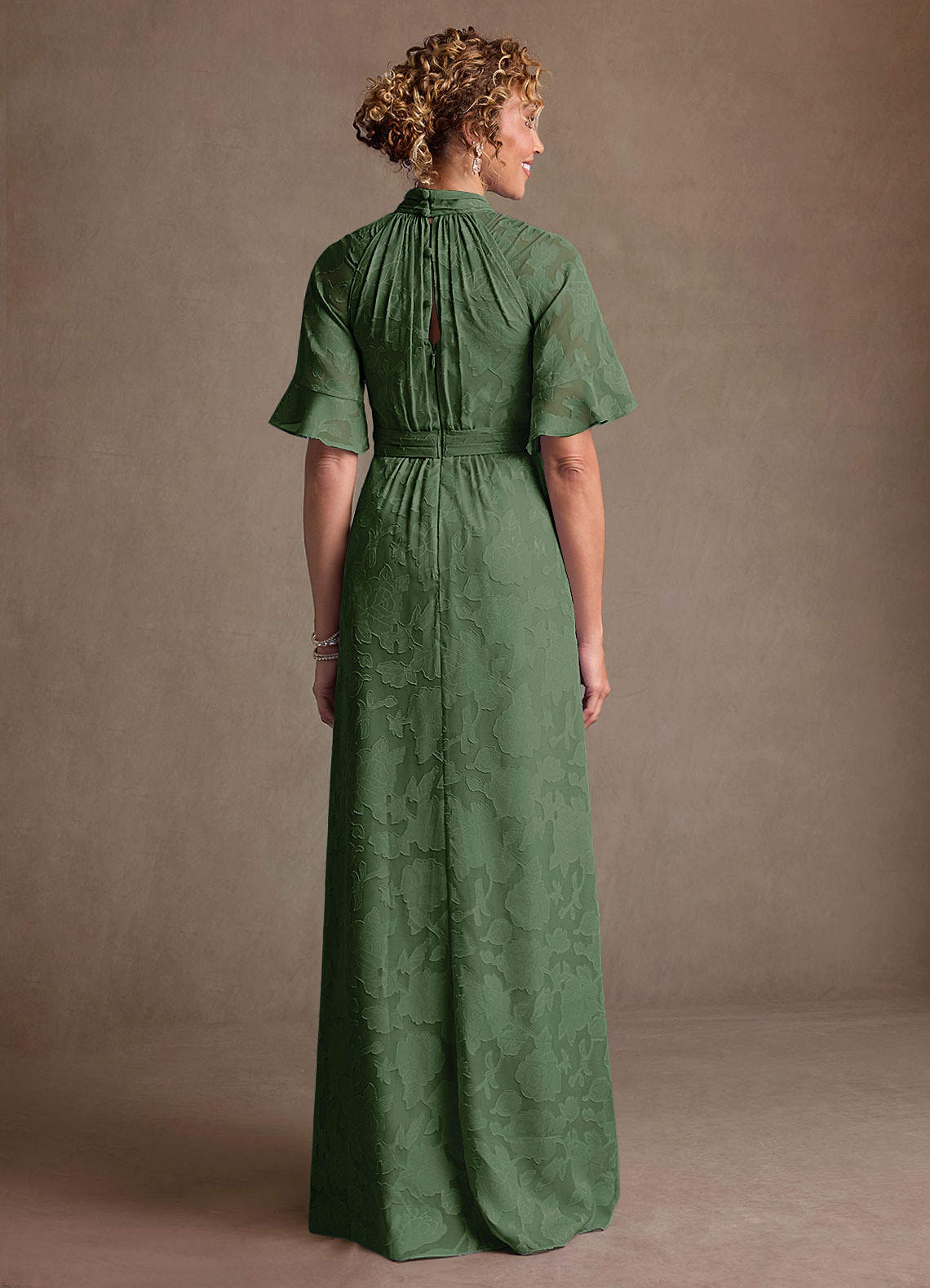 Hypatia Sheath High-Neck Floral Burnout Mother of the Bride Dress in eucalyptus