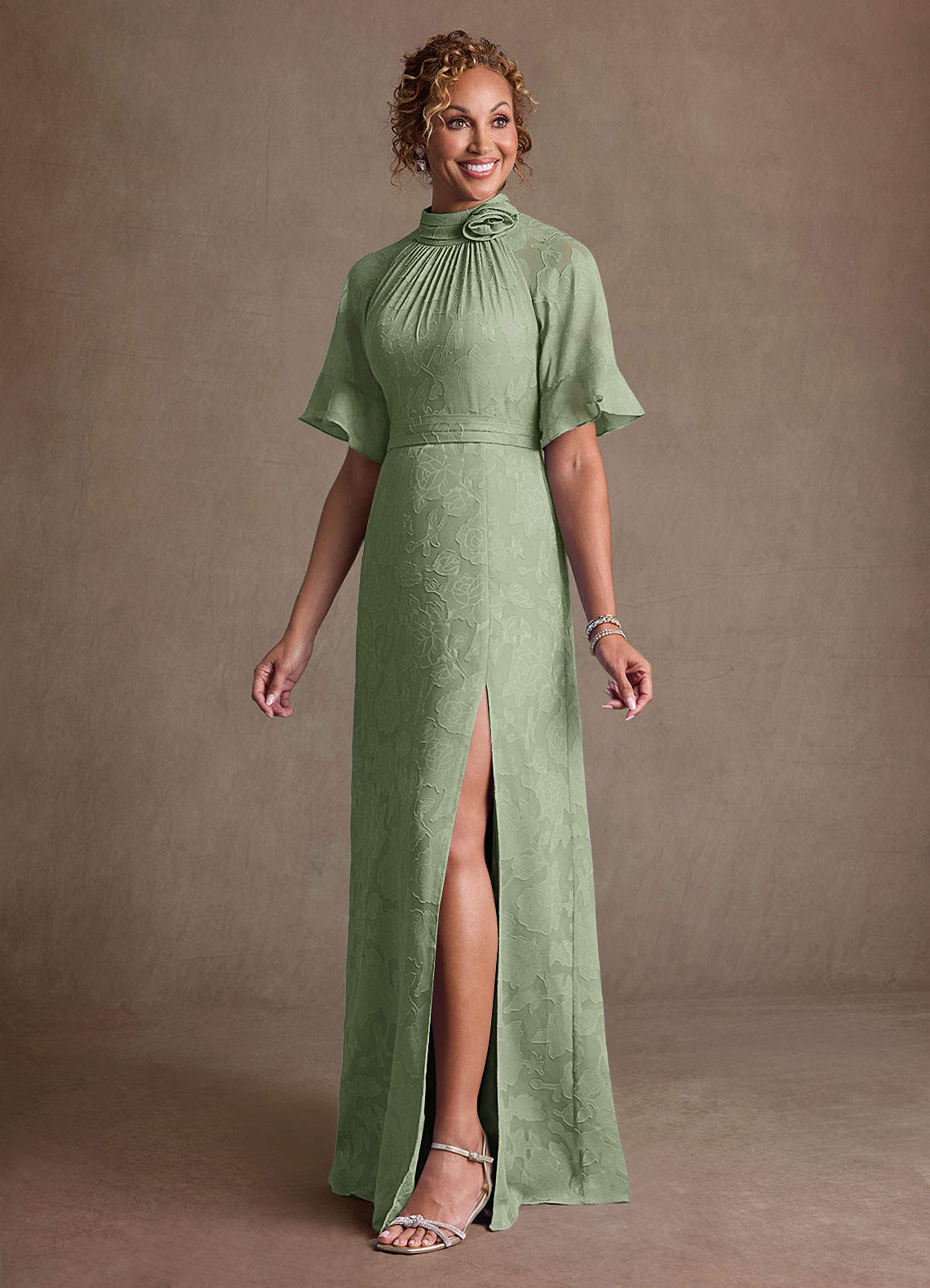 Hypatia Sheath High-Neck Floral Burnout Mother of the Bride Dress in Dusty Sage