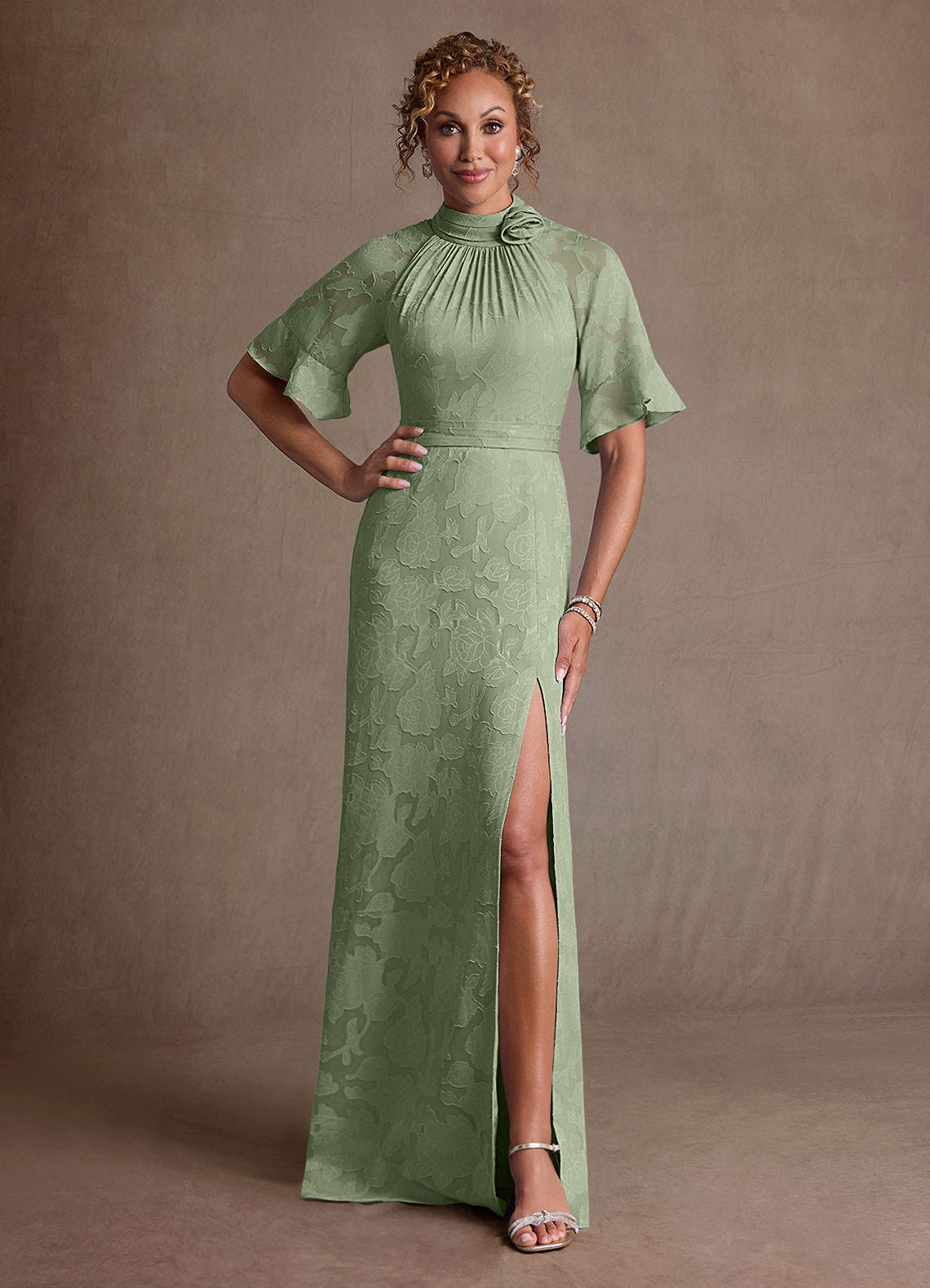 Hypatia Sheath High-Neck Floral Burnout Mother of the Bride Dress in Dusty Sage