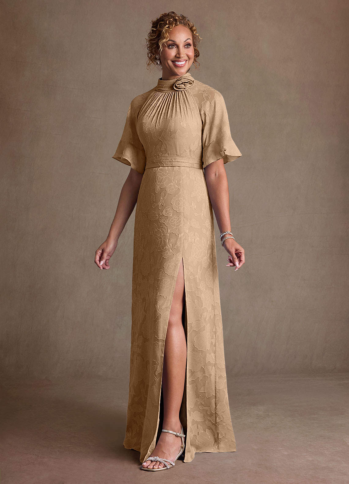 Hypatia Sheath High-Neck Floral Burnout Mother of the Bride Dress in champagne