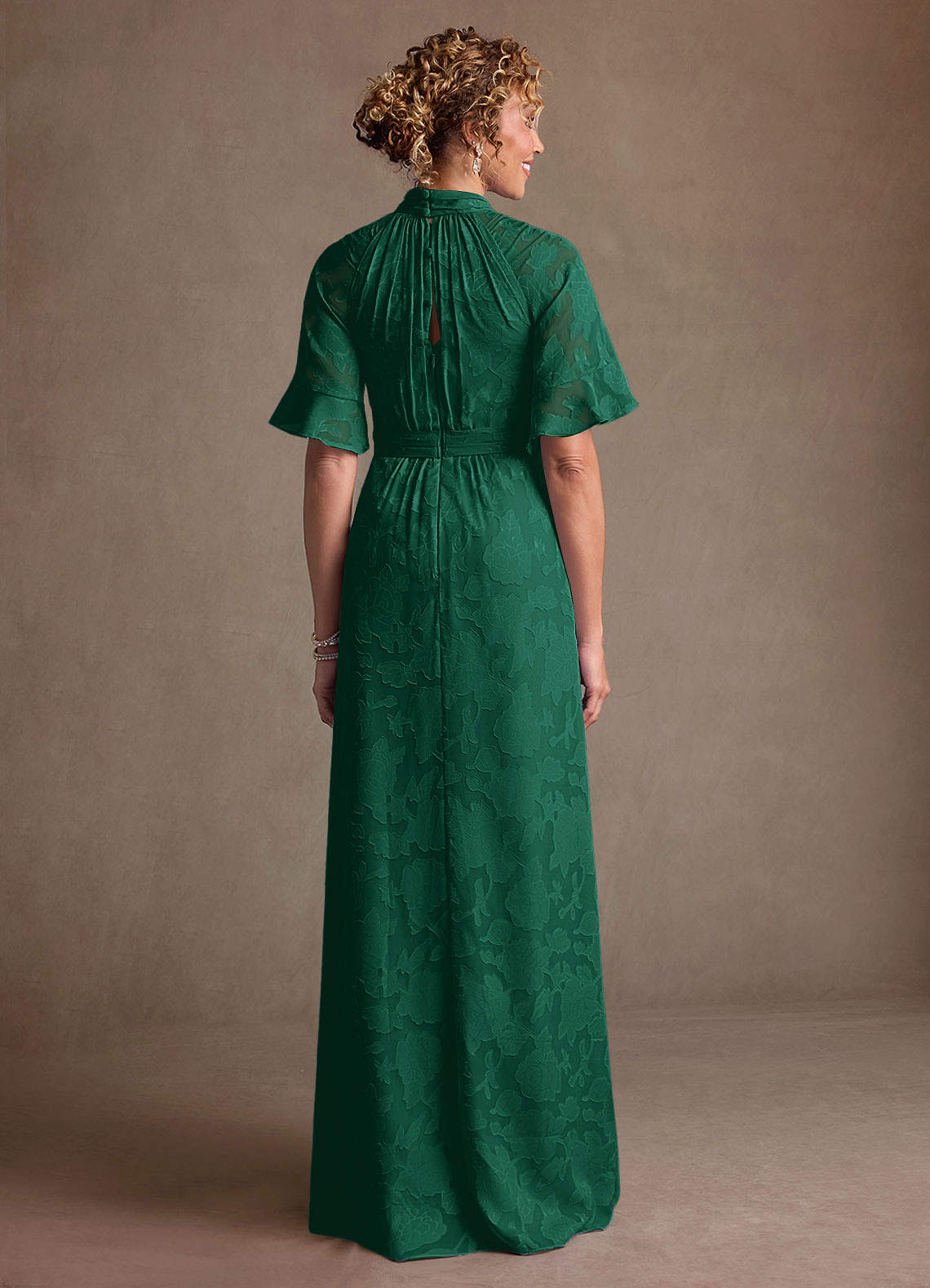 Hypatia Sheath High-Neck Floral Burnout Mother of the Bride Dress in Emerald