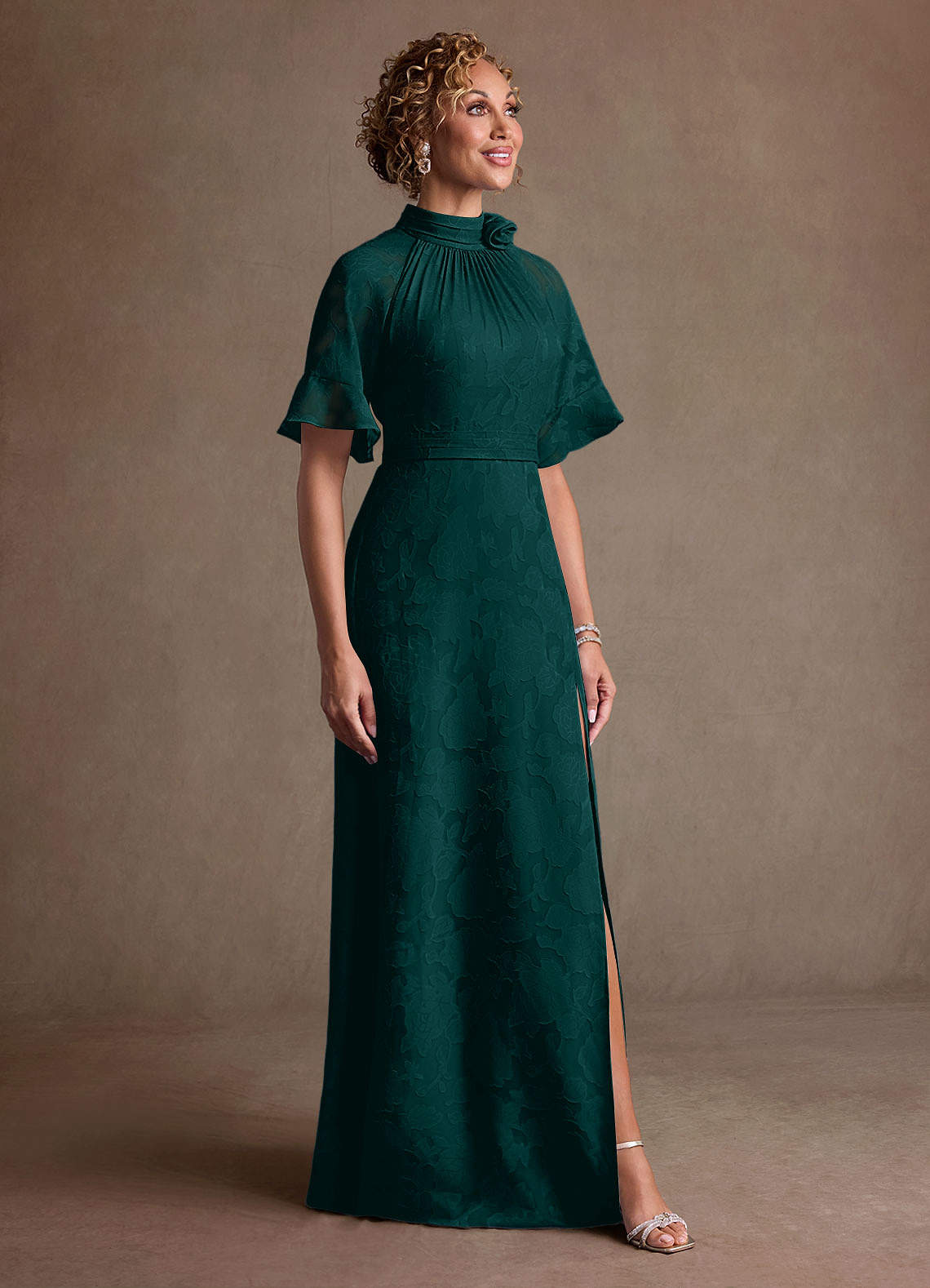 Hypatia Sheath High-Neck Floral Burnout Mother of the Bride Dress in Pine