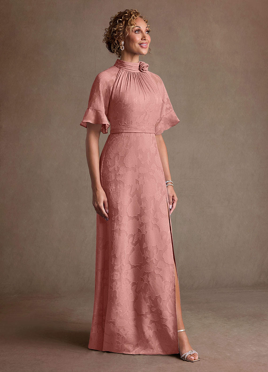 Hypatia Sheath High-Neck Floral Burnout Mother of the Bride Dress in Rosette