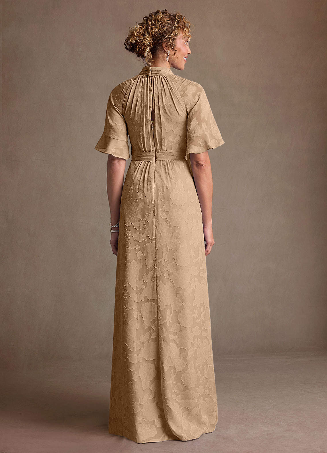 Hypatia Sheath High-Neck Floral Burnout Mother of the Bride Dress in champagne
