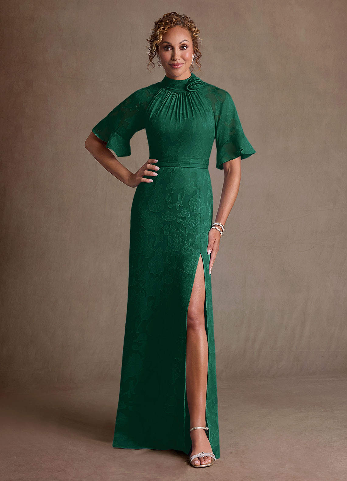 Hypatia Sheath High-Neck Floral Burnout Mother of the Bride Dress in Emerald