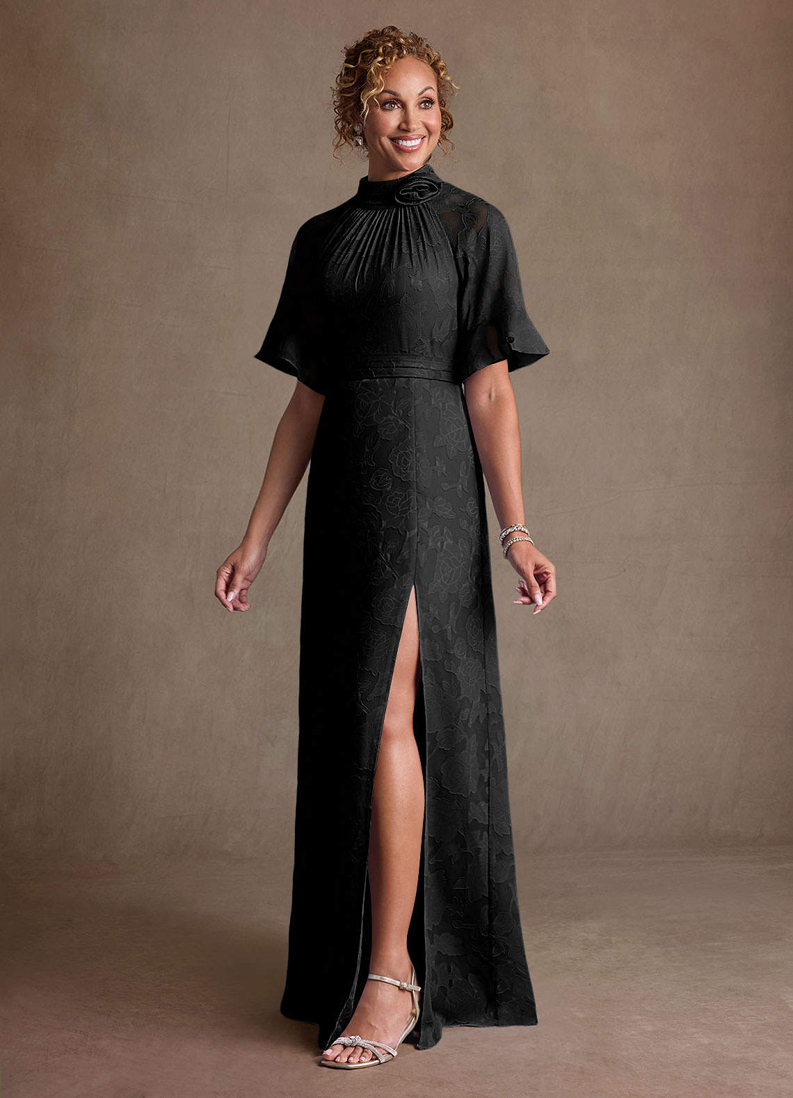 Hypatia Sheath High-Neck Floral Burnout Mother of the Bride Dress in black