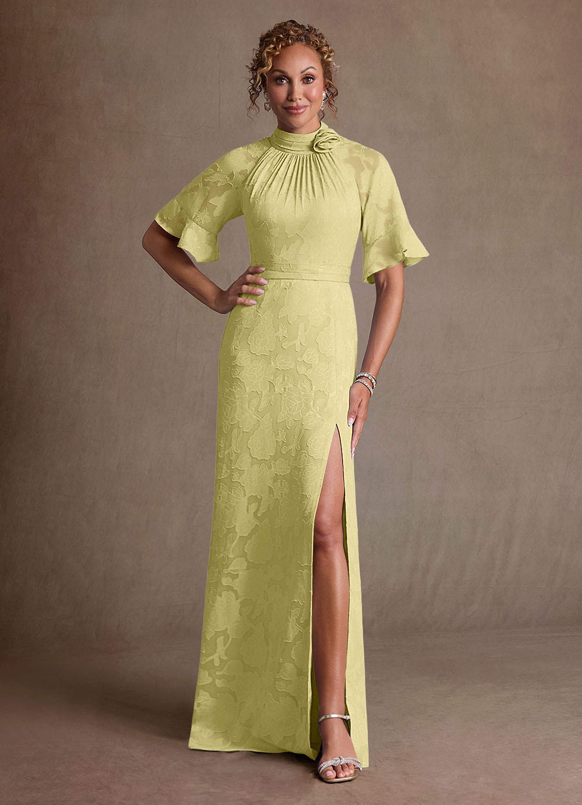 Hypatia Sheath High-Neck Floral Burnout Mother of the Bride Dress in Lemon Sorbet
