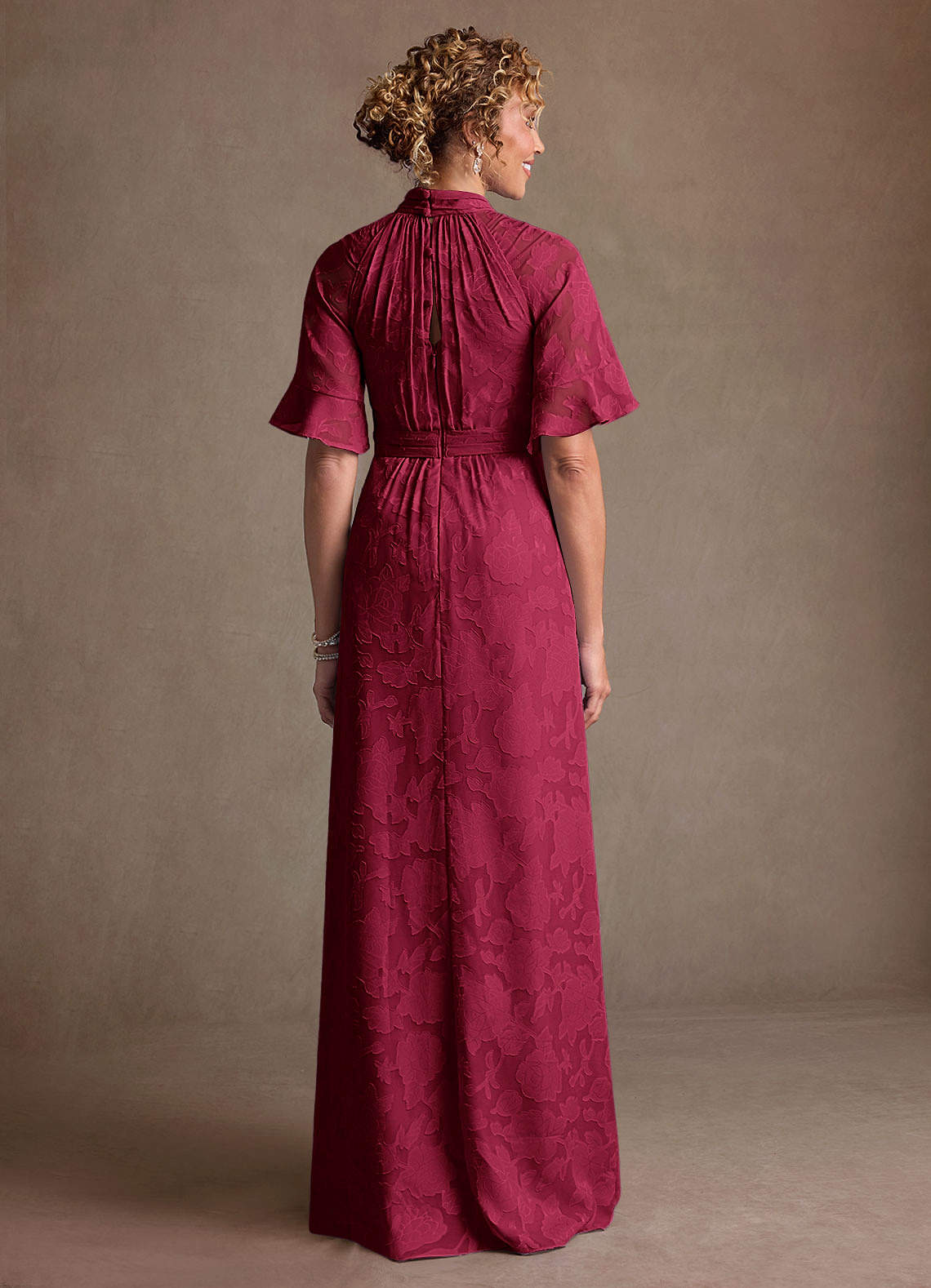 Hypatia Sheath High-Neck Floral Burnout Mother of the Bride Dress in Burgundy