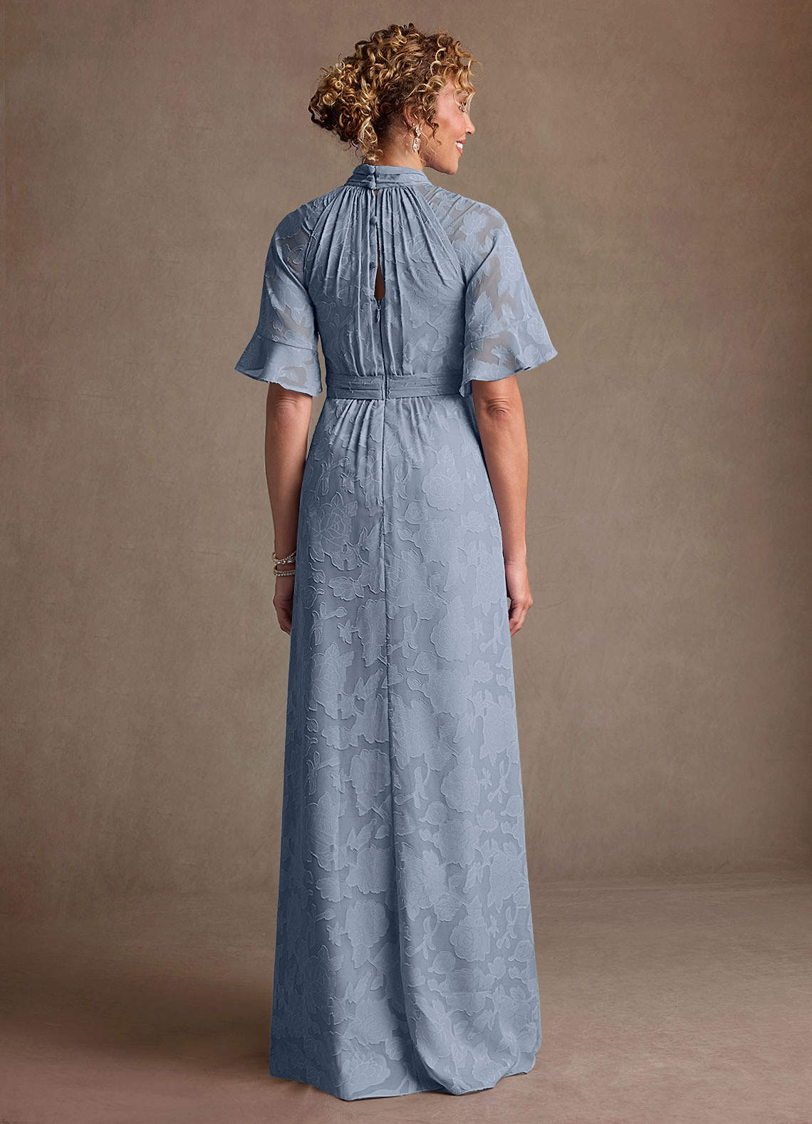 Hypatia Sheath High-Neck Floral Burnout Mother of the Bride Dress in dusty blue