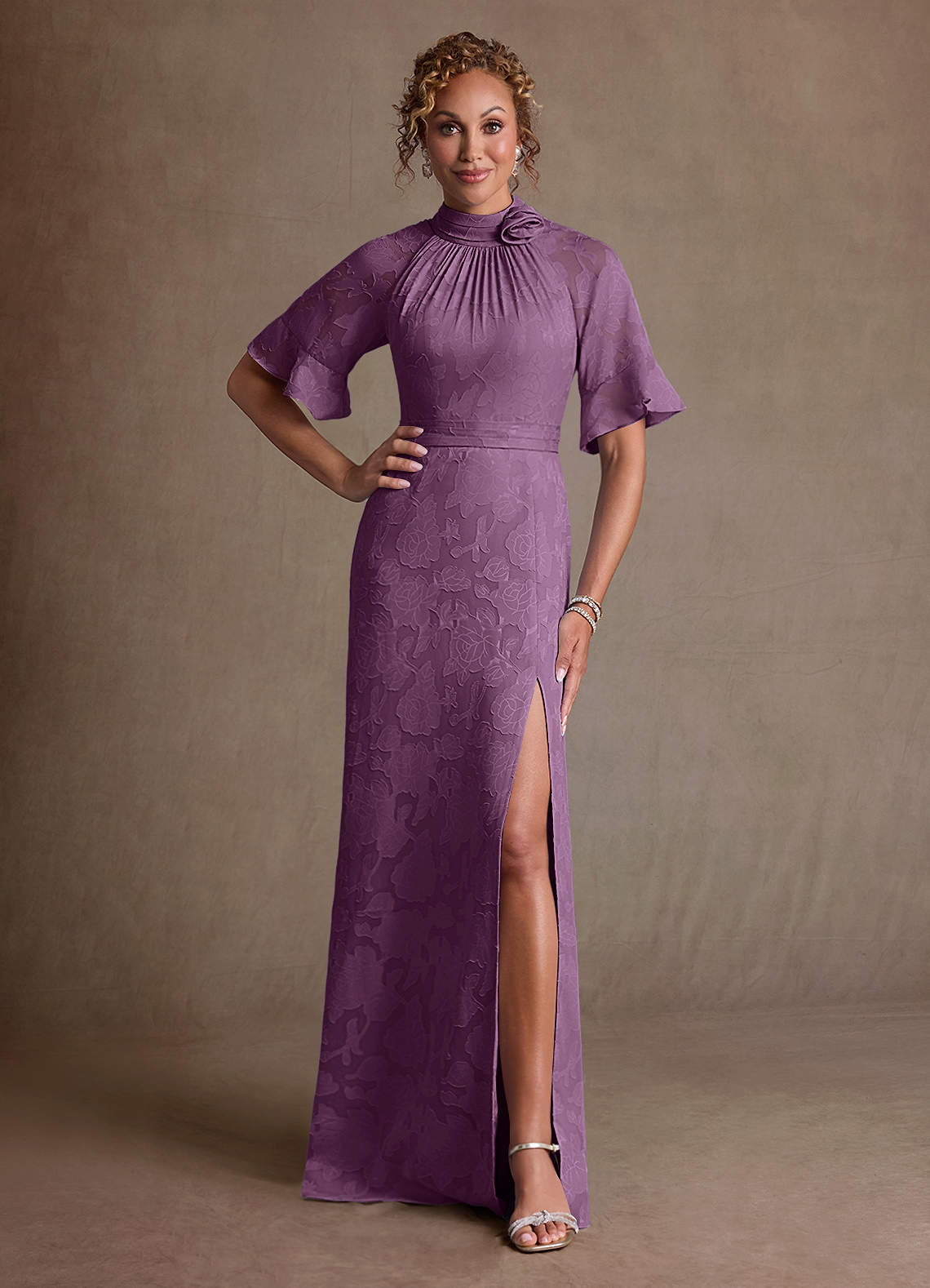 Hypatia Sheath High-Neck Floral Burnout Mother of the Bride Dress in Wisteria