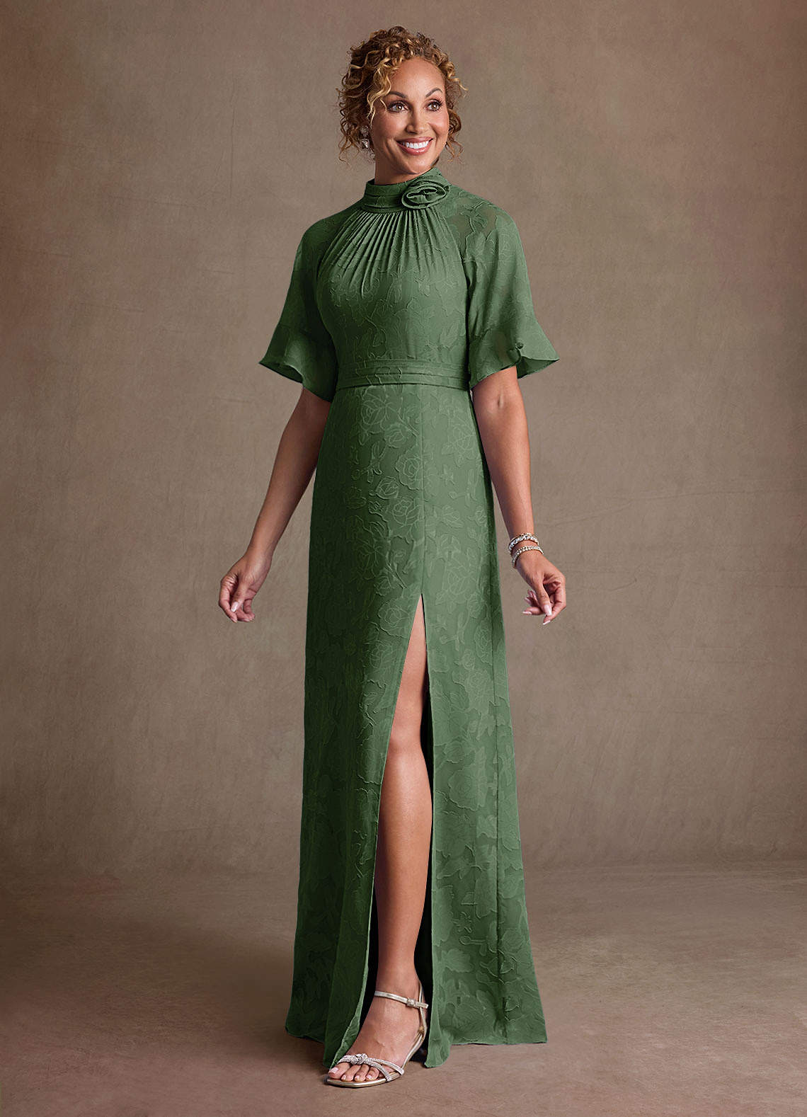 Hypatia Sheath High-Neck Floral Burnout Mother of the Bride Dress in eucalyptus