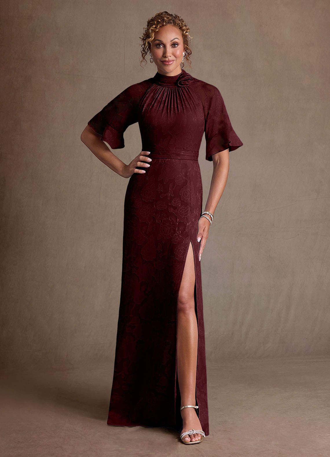 Hypatia Sheath High-Neck Floral Burnout Mother of the Bride Dress in Cabernet