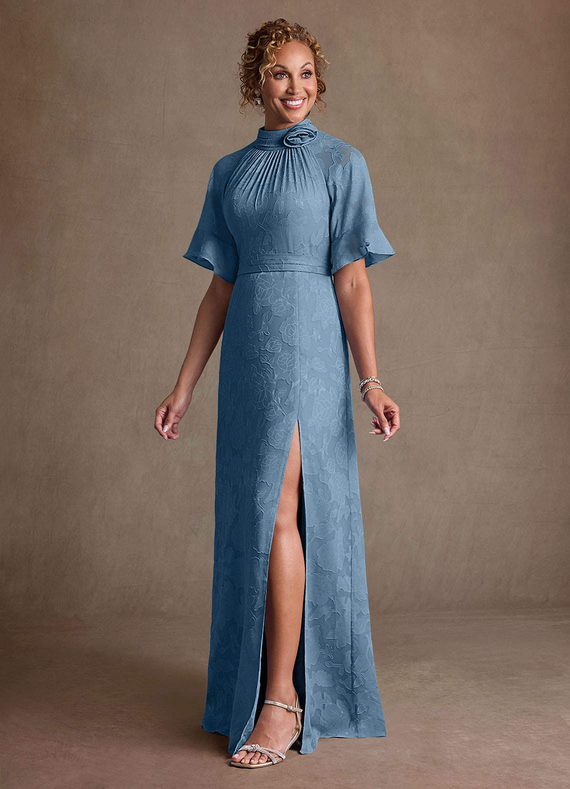 Hypatia Sheath High-Neck Floral Burnout Mother of the Bride Dress in Steel Blue