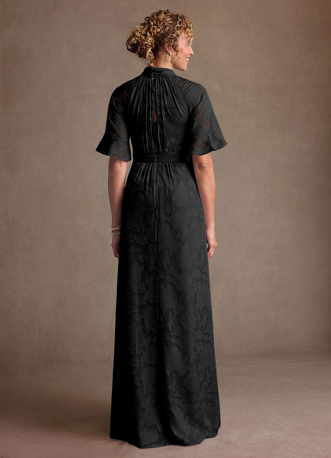 Hypatia Sheath High-Neck Floral Burnout Mother of the Bride Dress in black