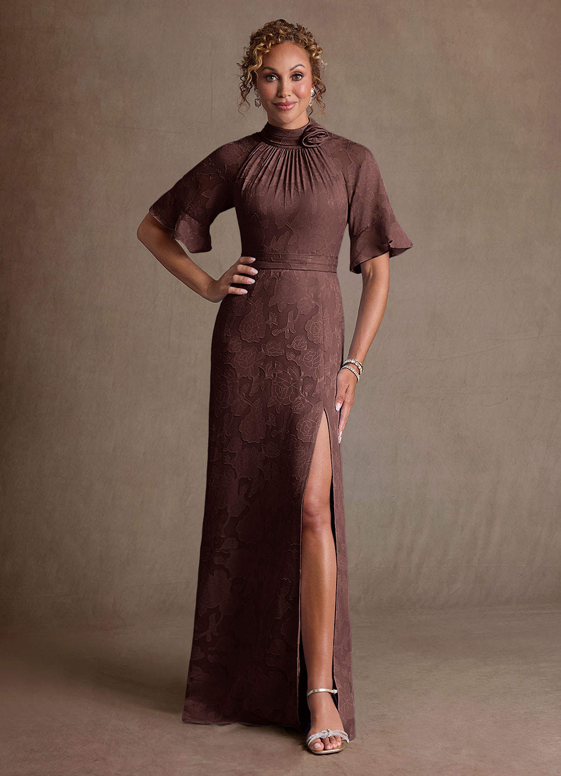 Hypatia Sheath High-Neck Floral Burnout Mother of the Bride Dress in Espresso