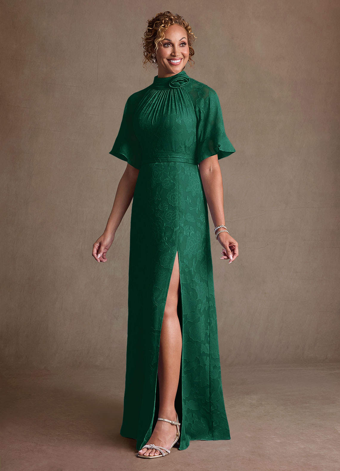 Hypatia Sheath High-Neck Floral Burnout Mother of the Bride Dress in Emerald