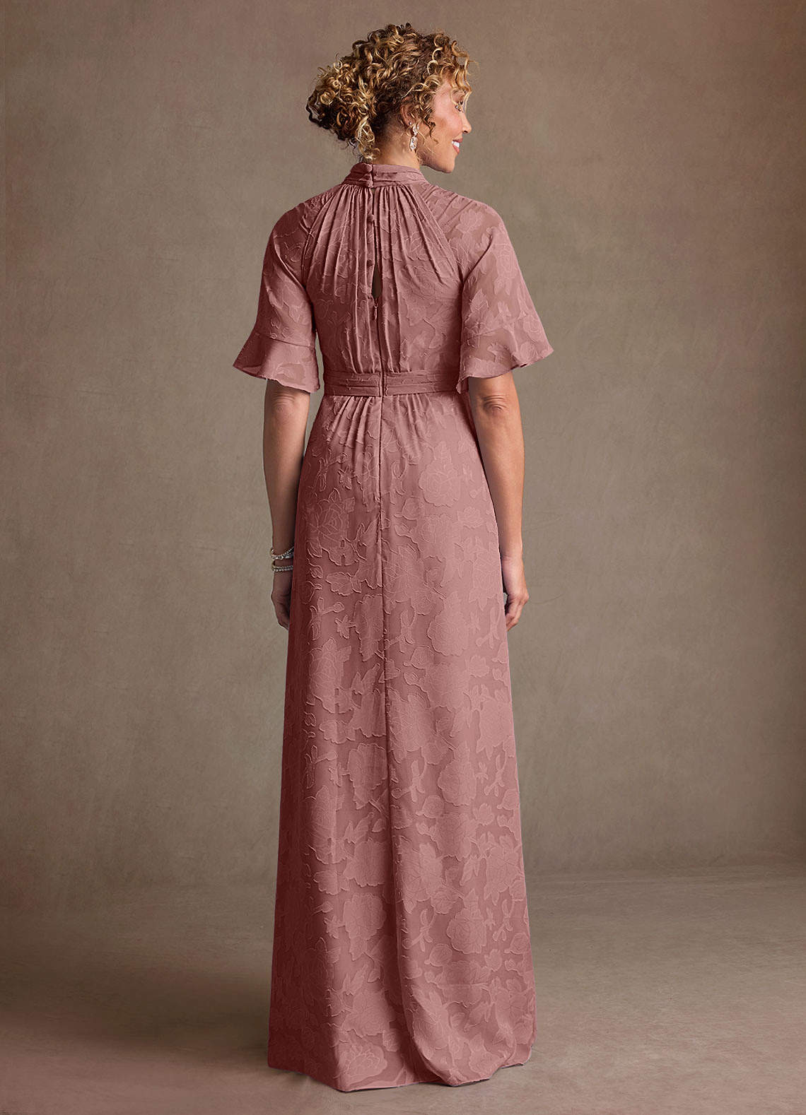 Hypatia Sheath High-Neck Floral Burnout Mother of the Bride Dress in Dusty Rose