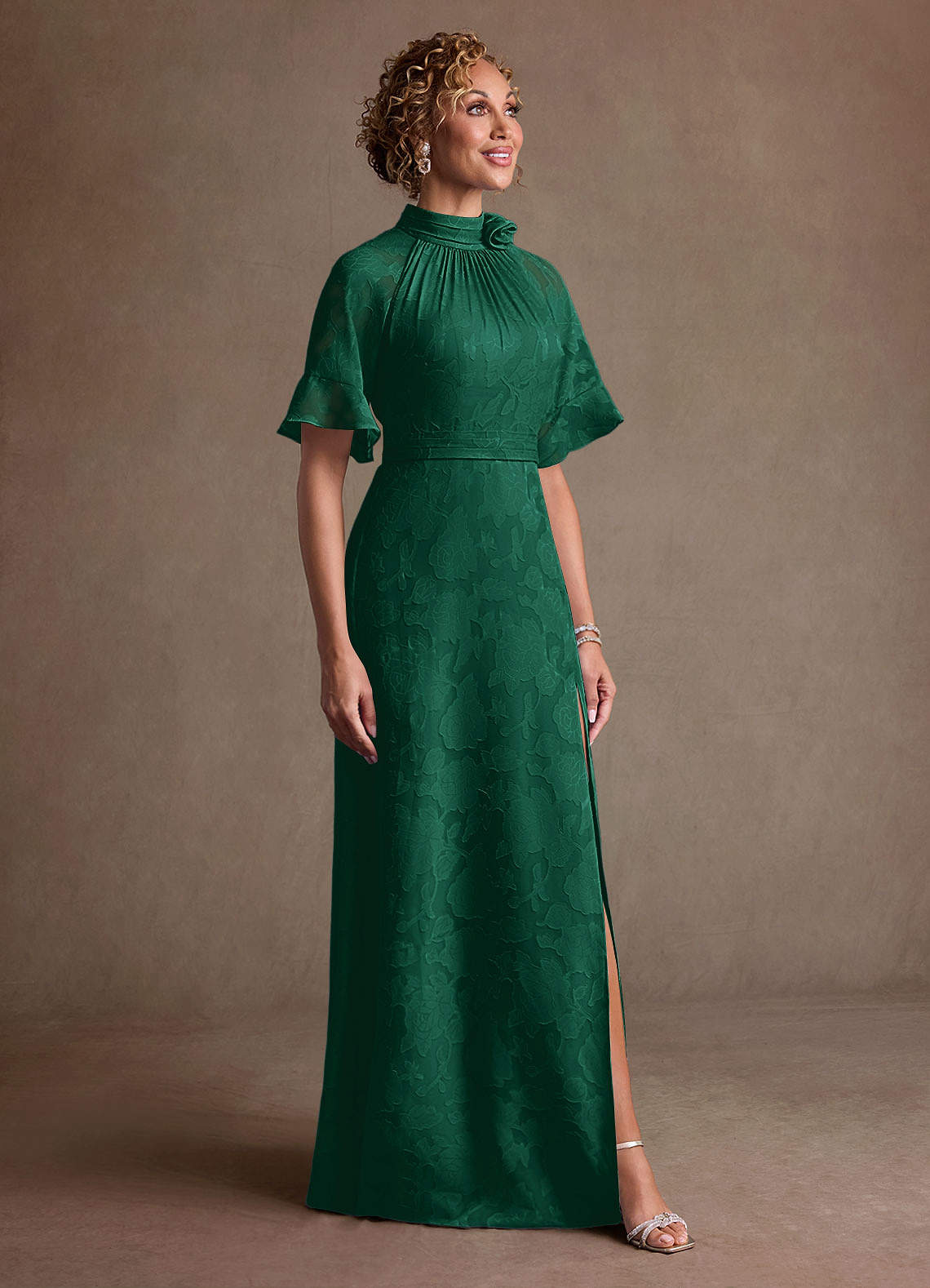 Hypatia Sheath High-Neck Floral Burnout Mother of the Bride Dress in Emerald
