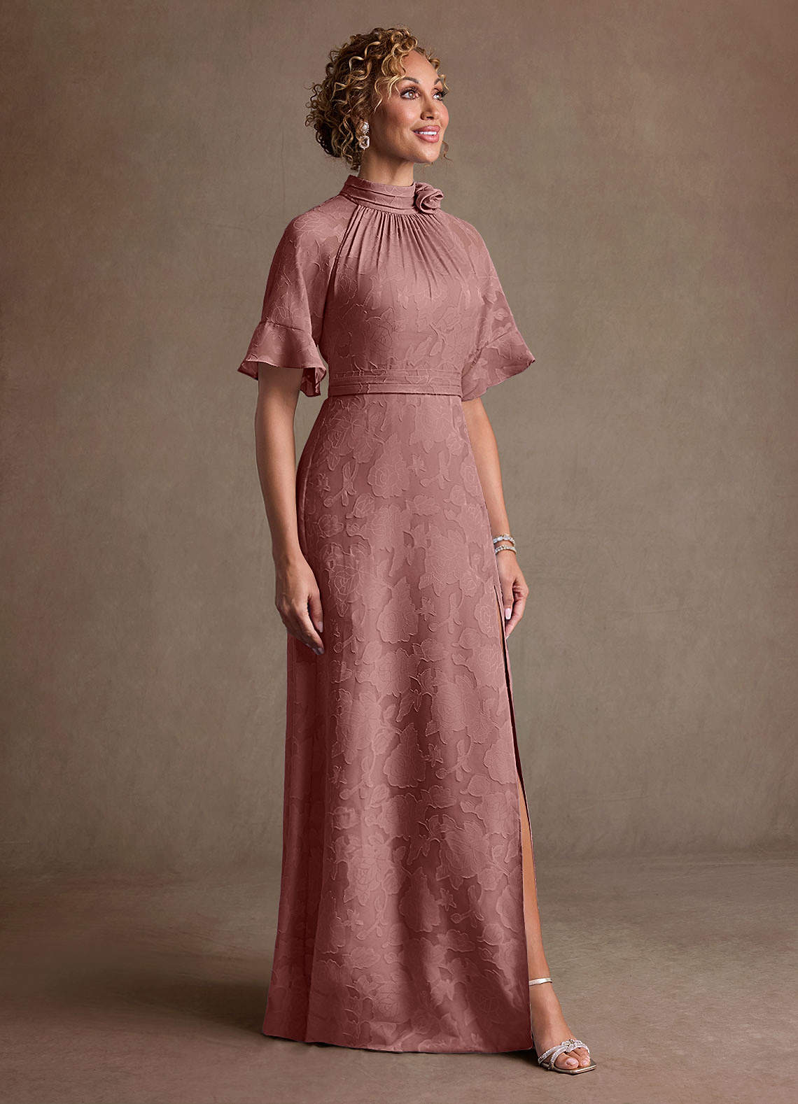 Hypatia Sheath High-Neck Floral Burnout Mother of the Bride Dress in Dusty Rose