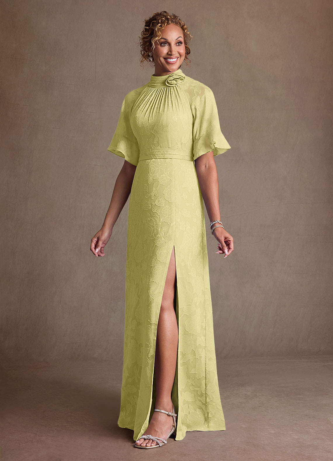 Hypatia Sheath High-Neck Floral Burnout Mother of the Bride Dress in Lemon Sorbet