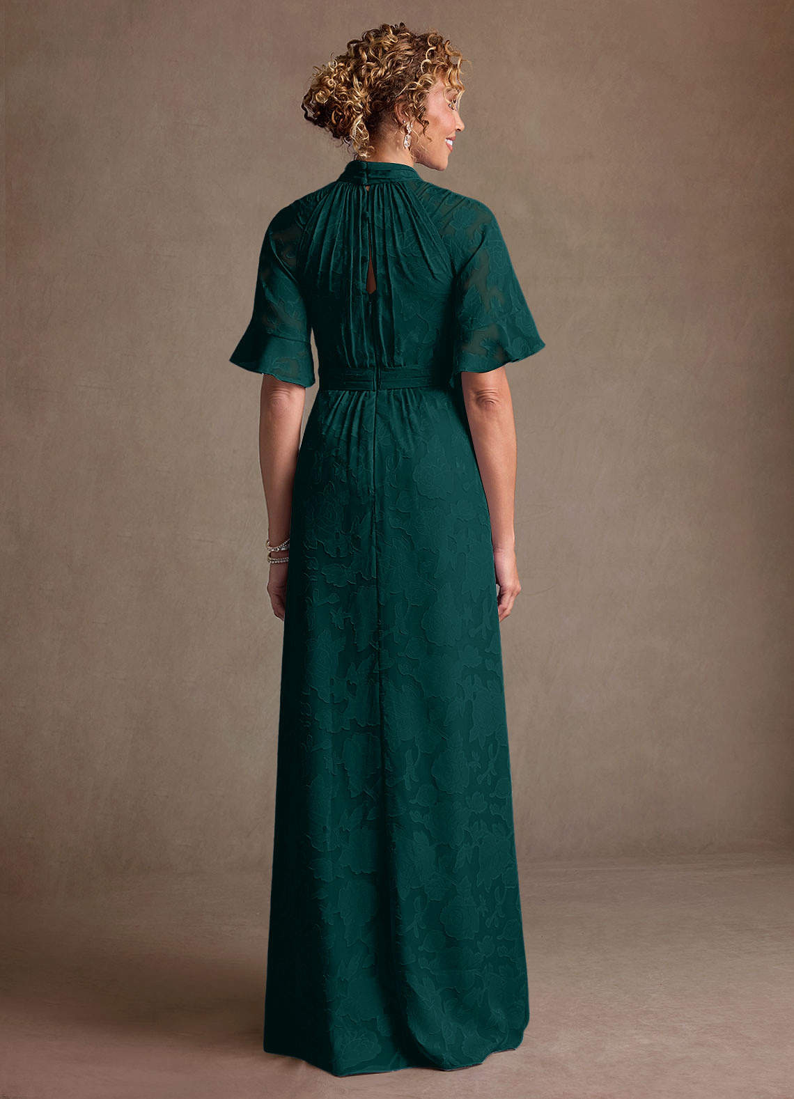 Hypatia Sheath High-Neck Floral Burnout Mother of the Bride Dress in Pine