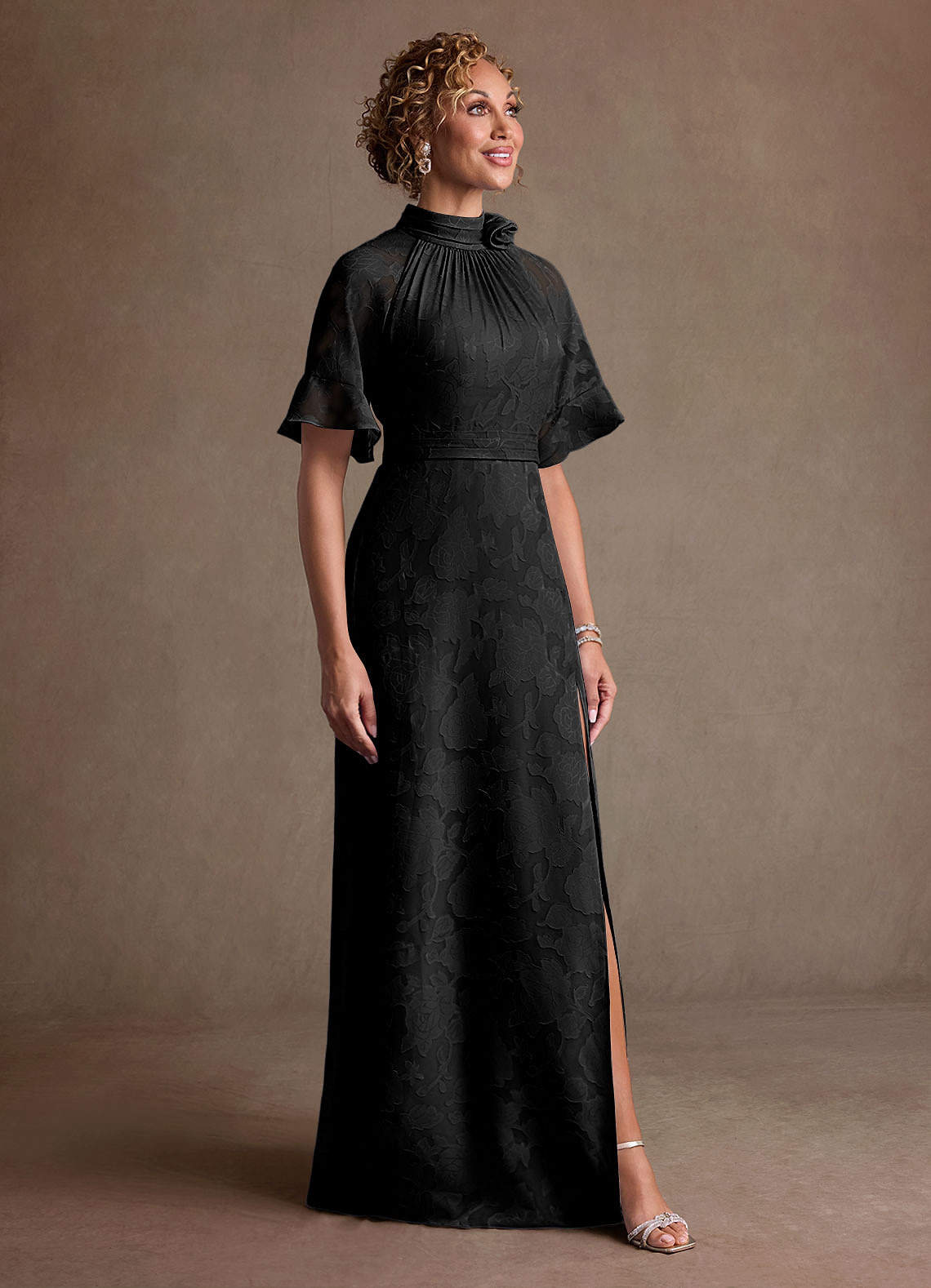 Hypatia Sheath High-Neck Floral Burnout Mother of the Bride Dress in black