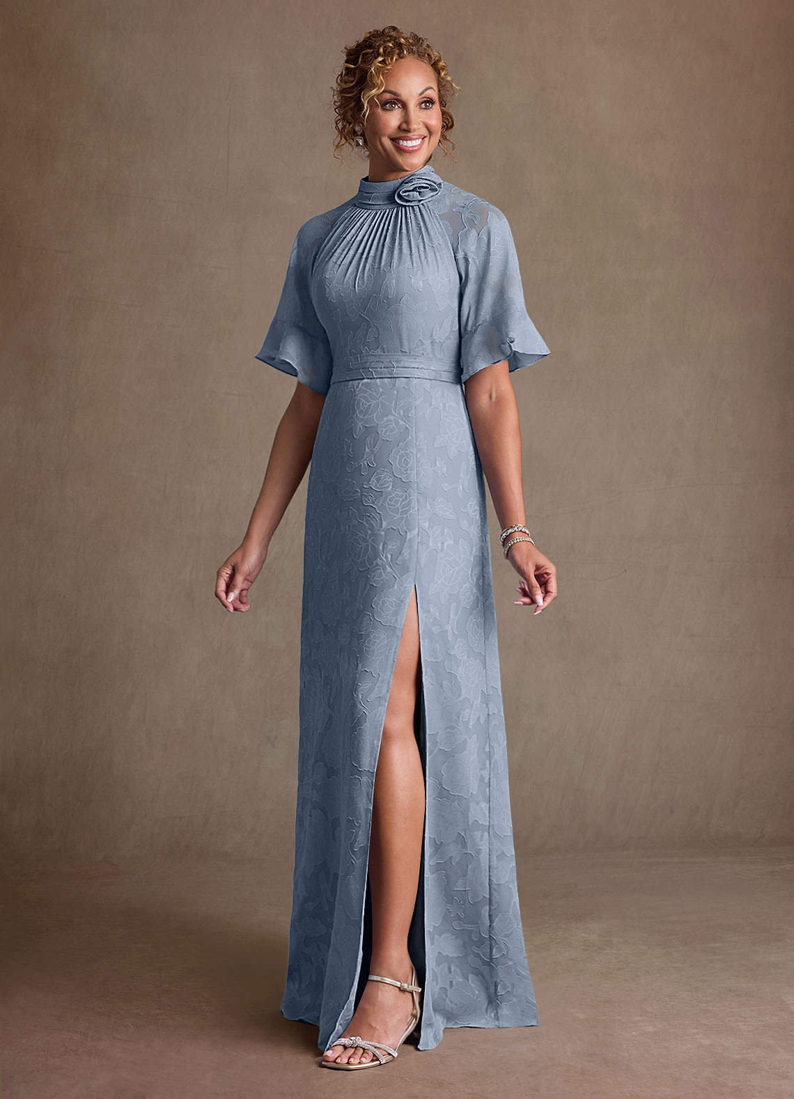 Hypatia Sheath High-Neck Floral Burnout Mother of the Bride Dress in dusty blue