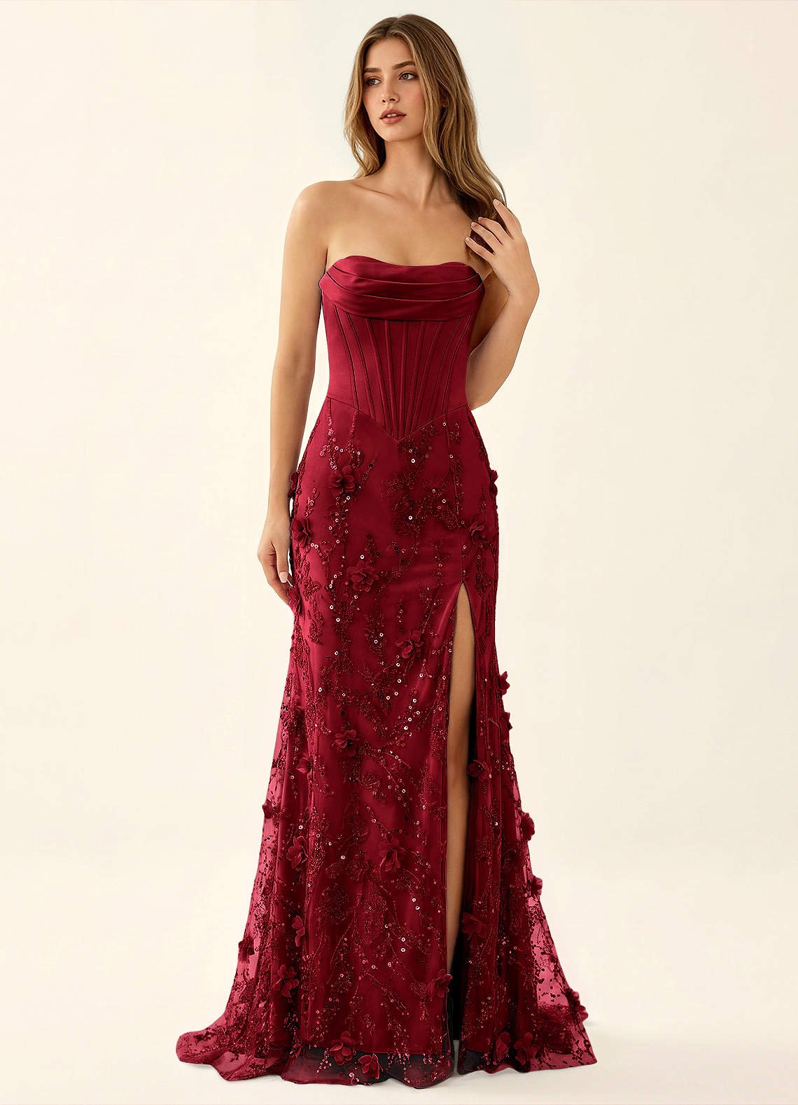 Iliana Mermaid Strapless Satin Prom Dress in Burgundy