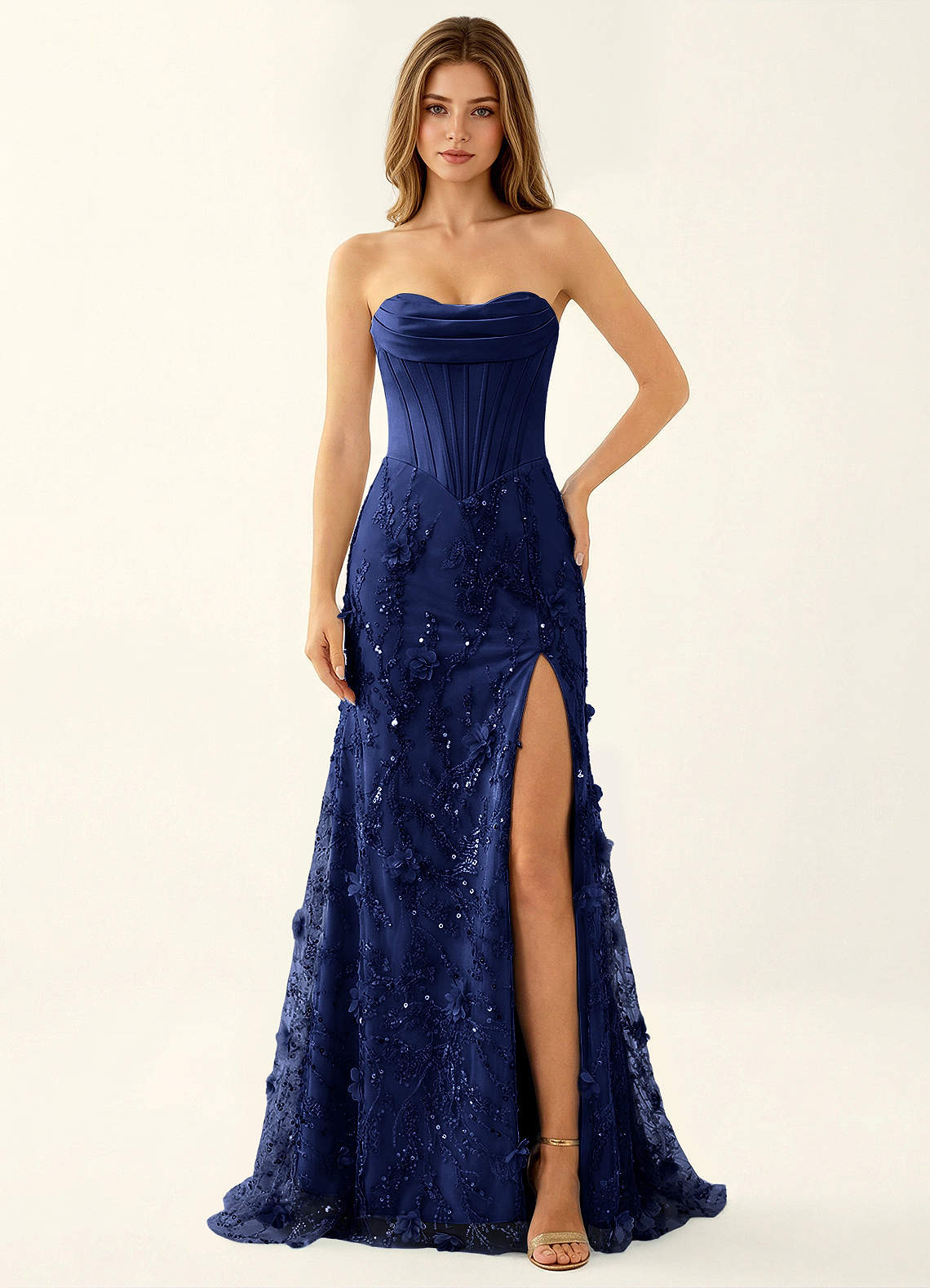Iliana Mermaid Strapless Satin Prom Dress in Navy Blue