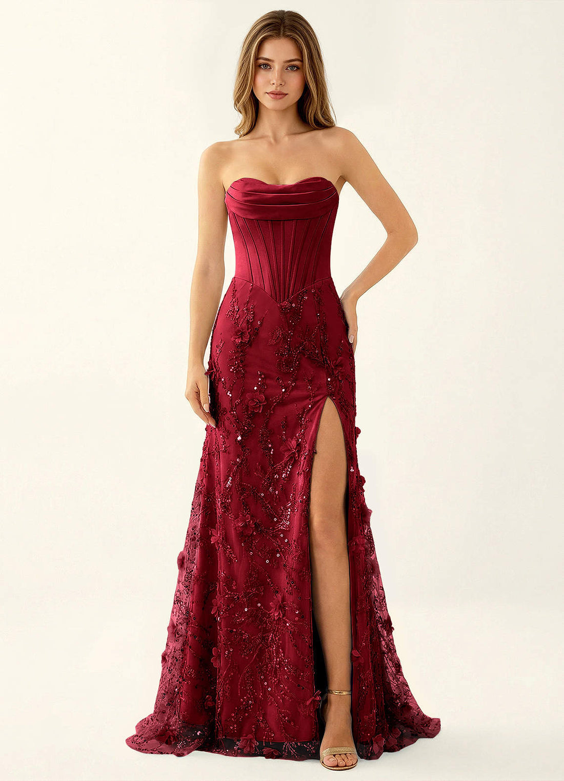 Iliana Mermaid Strapless Satin Prom Dress in Burgundy