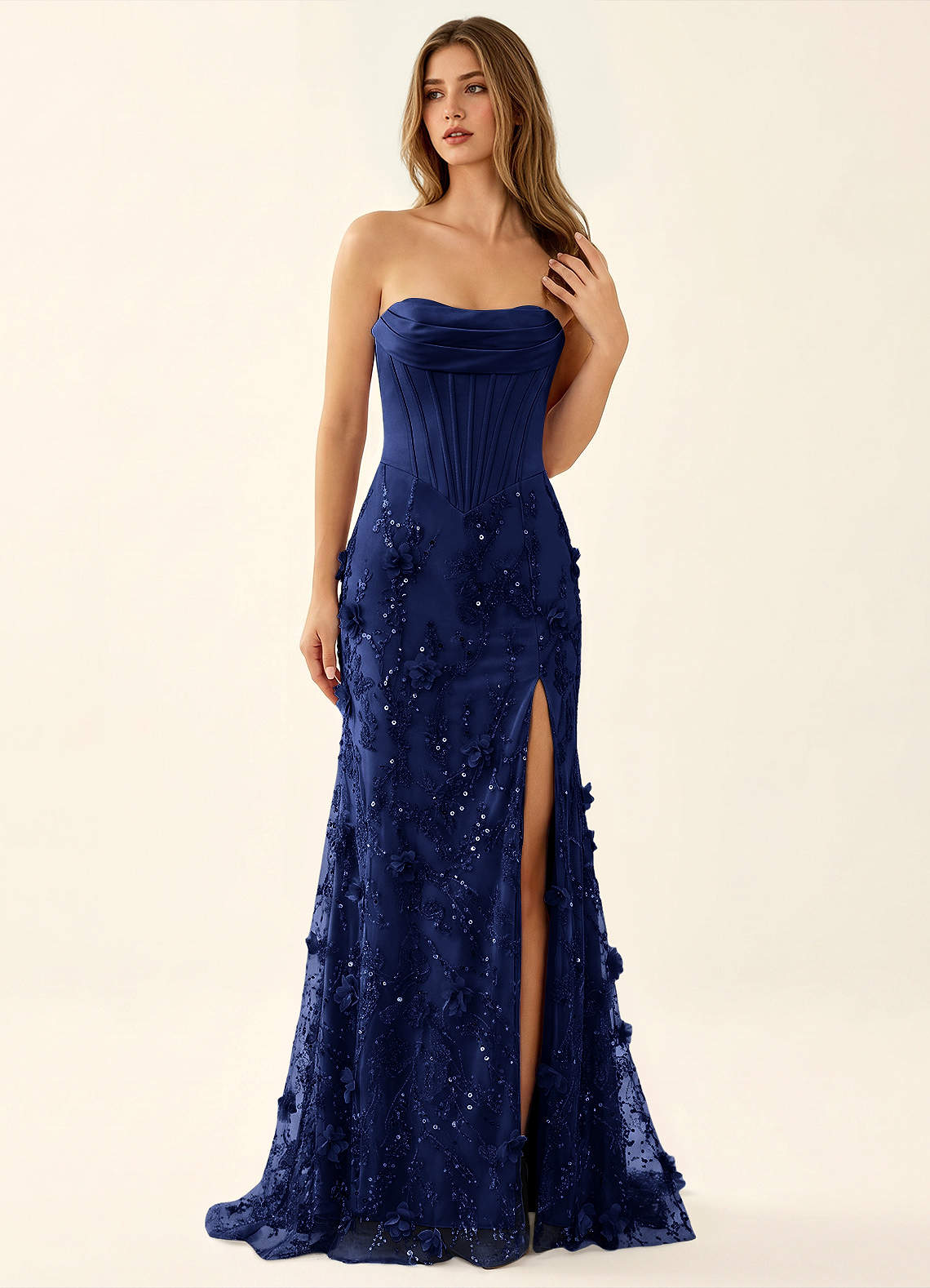 Iliana Mermaid Strapless Satin Prom Dress in Navy Blue