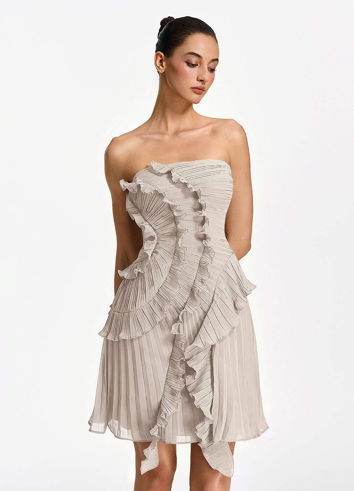 Ilona A-Line Mini Strapless Pleated Chiffon Prom Dress in Powder Pink