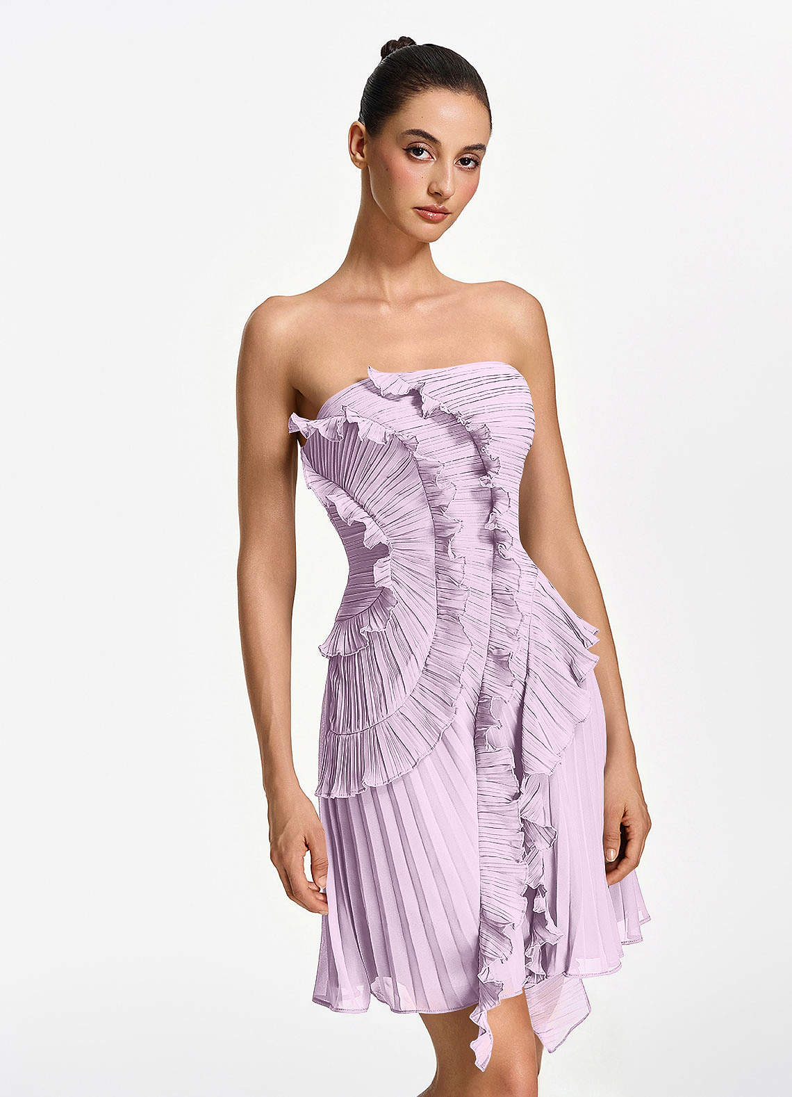Ilona A-Line Mini Strapless Pleated Chiffon Prom Dress in Frosted Lilac