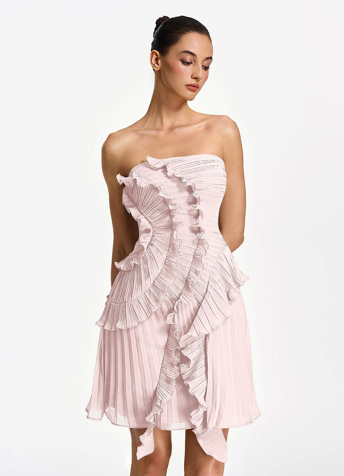 Ilona A-Line Mini Strapless Pleated Chiffon Prom Dress in Powder Pink