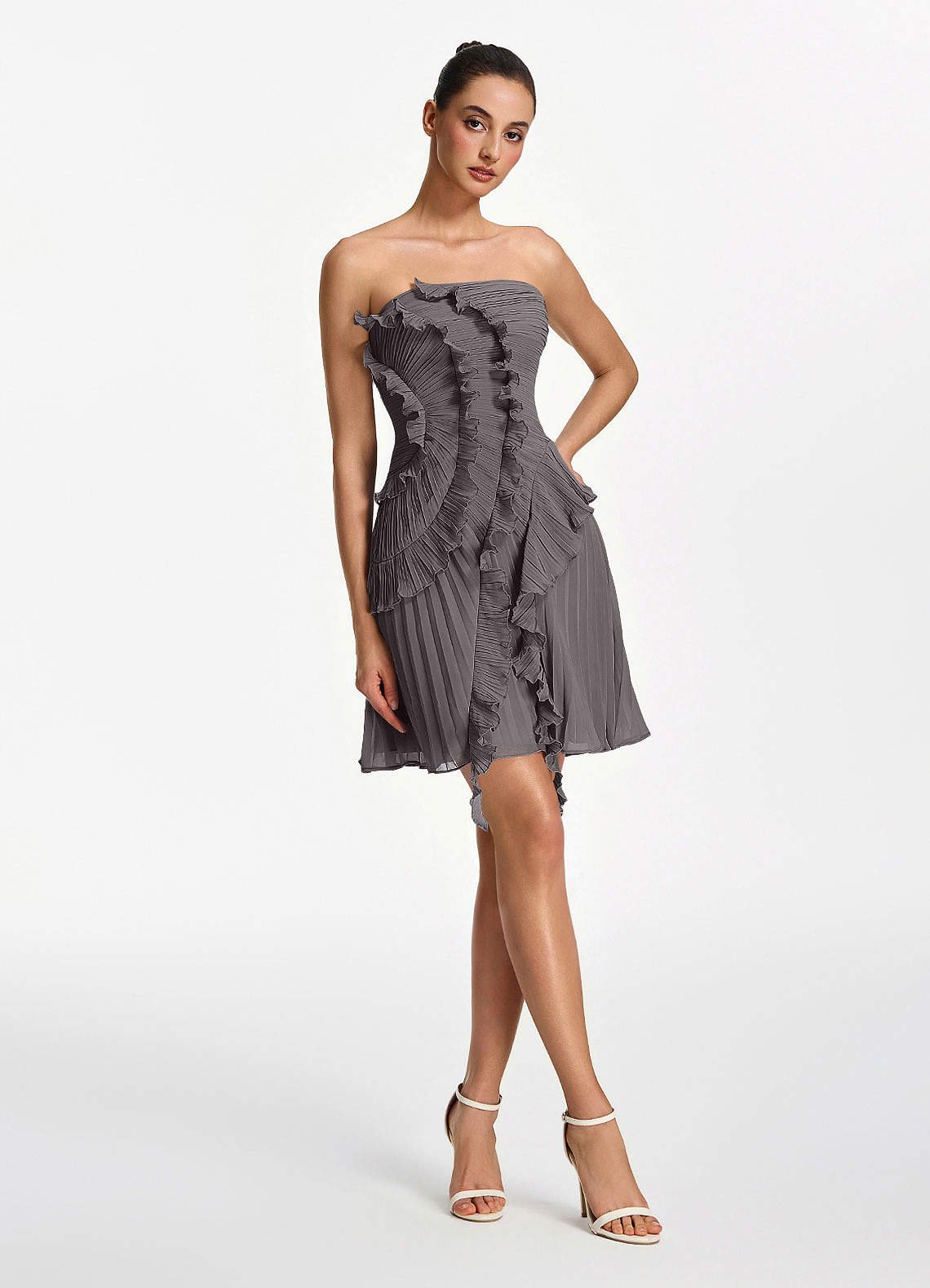 Ilona A-Line Mini Strapless Pleated Chiffon Prom Dress in Steel Grey