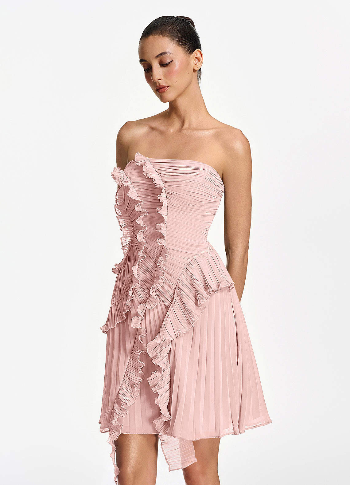 Ilona A-Line Mini Strapless Pleated Chiffon Prom Dress in Powder Pink