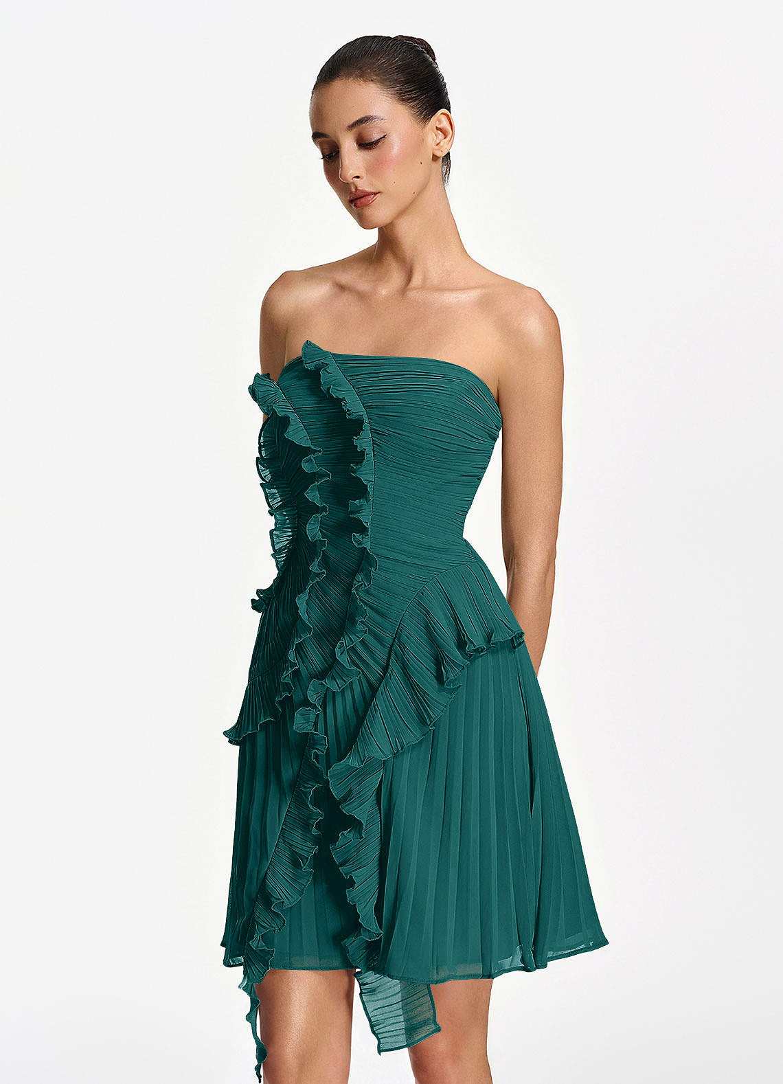 Ilona A-Line Mini Strapless Pleated Chiffon Prom Dress in Peacock