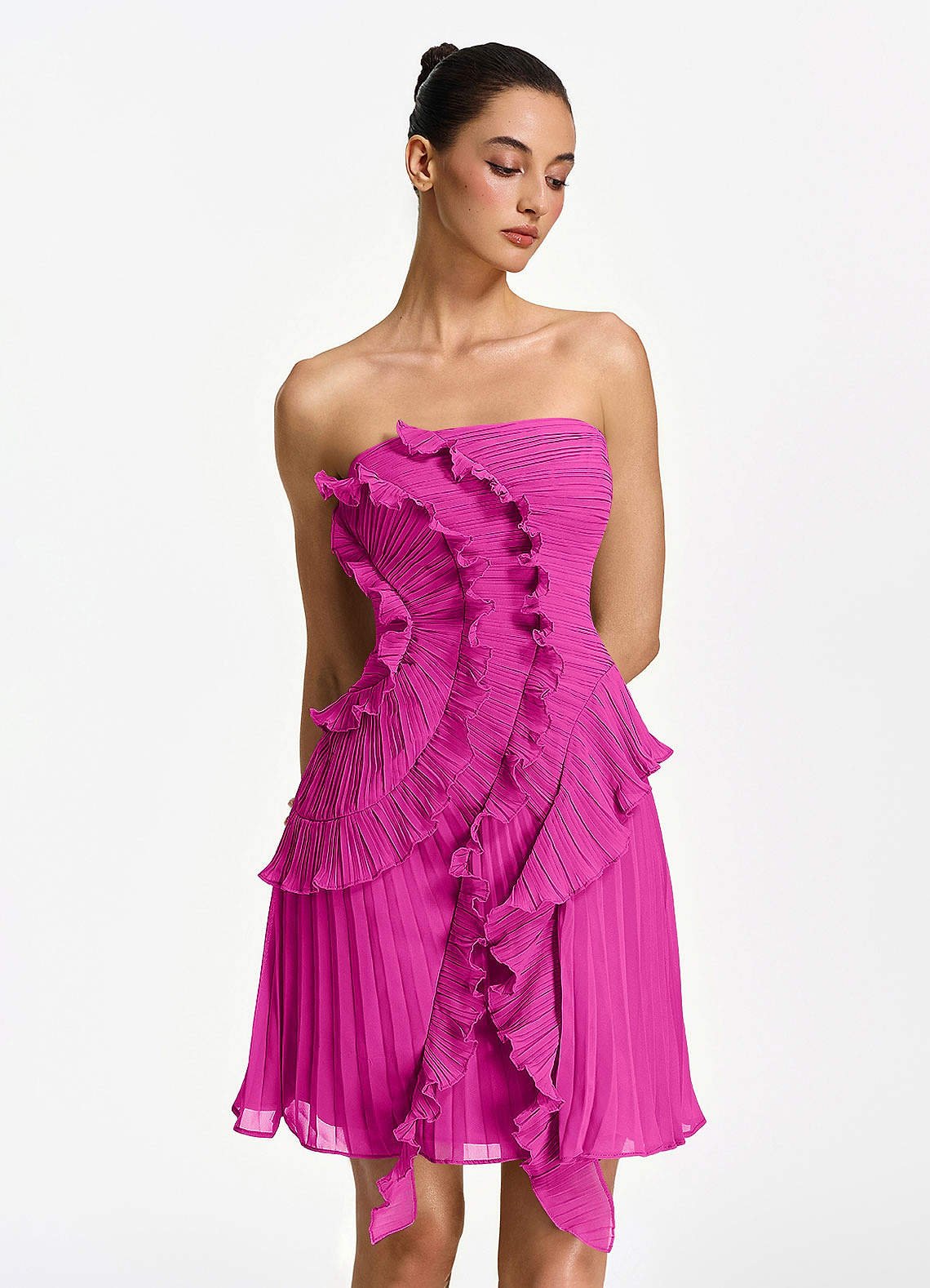 Ilona A-Line Mini Strapless Pleated Chiffon Prom Dress in Powder Pink