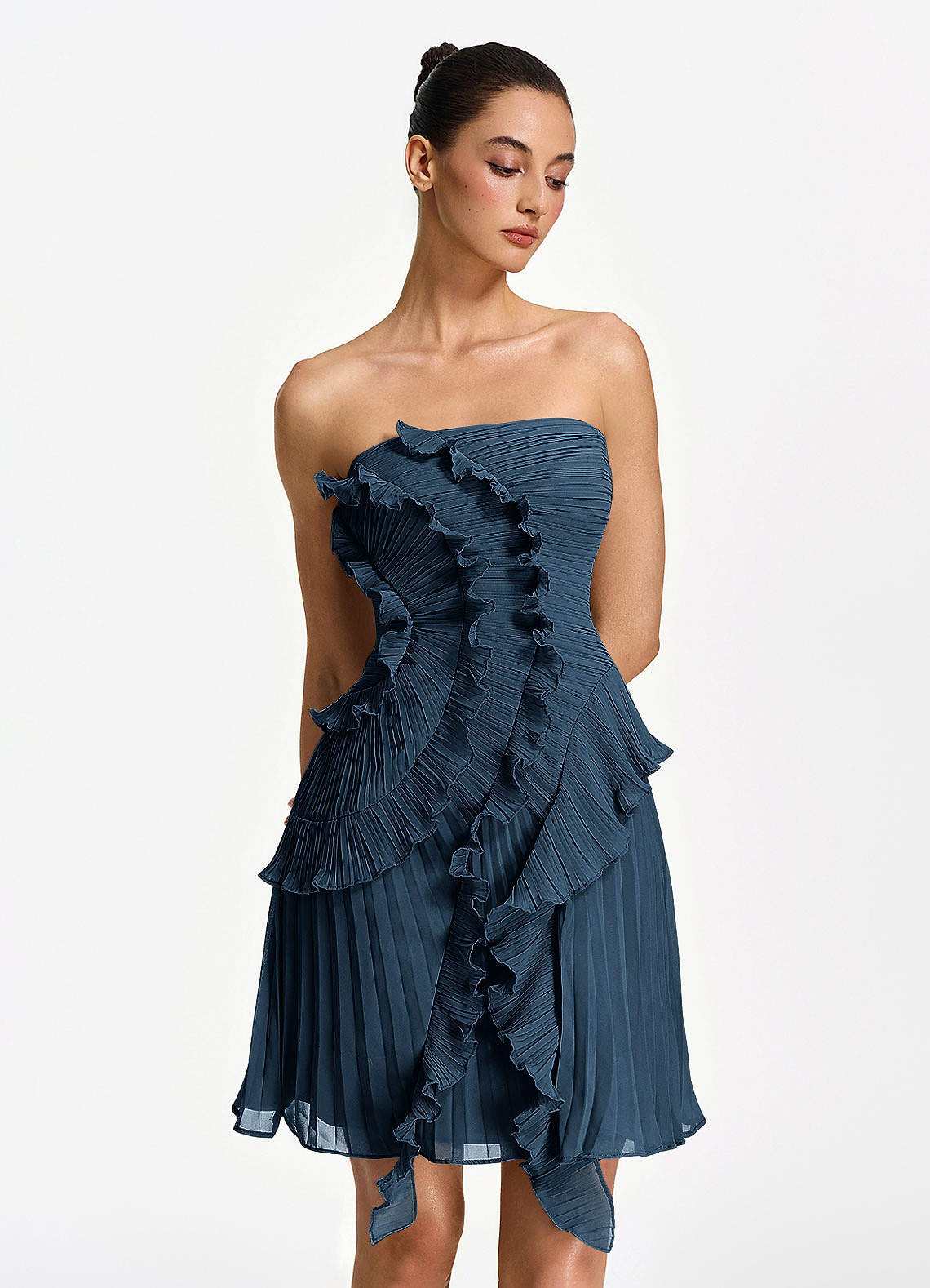Ilona A-Line Mini Strapless Pleated Chiffon Prom Dress in Powder Pink