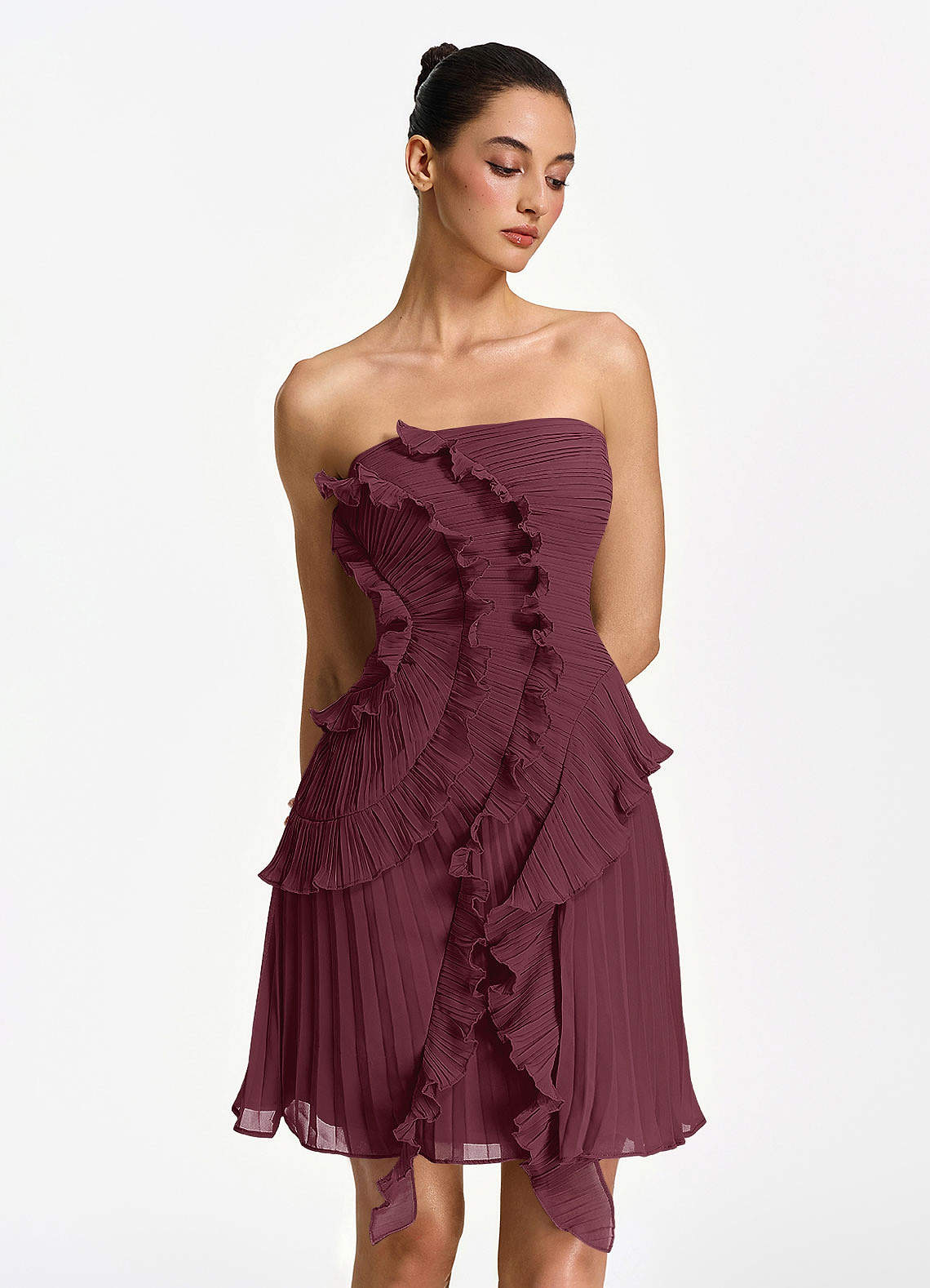 Ilona A-Line Mini Strapless Pleated Chiffon Prom Dress in Powder Pink