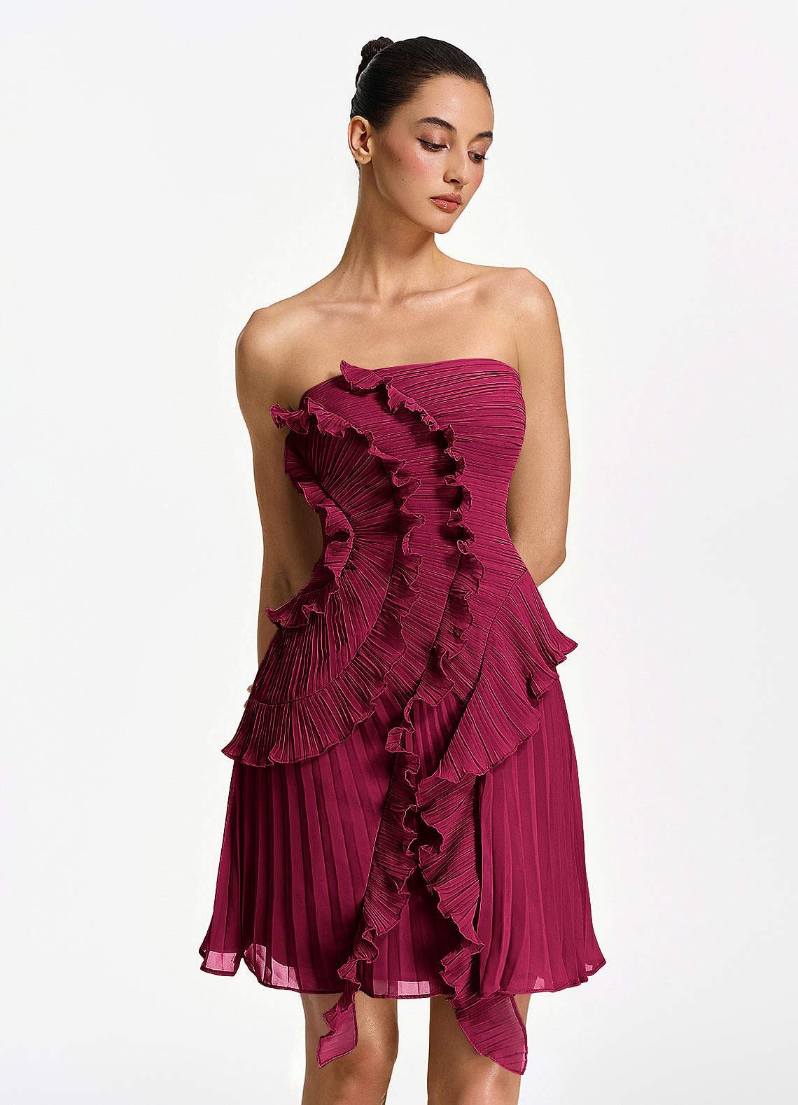 Ilona A-Line Mini Strapless Pleated Chiffon Prom Dress in Powder Pink